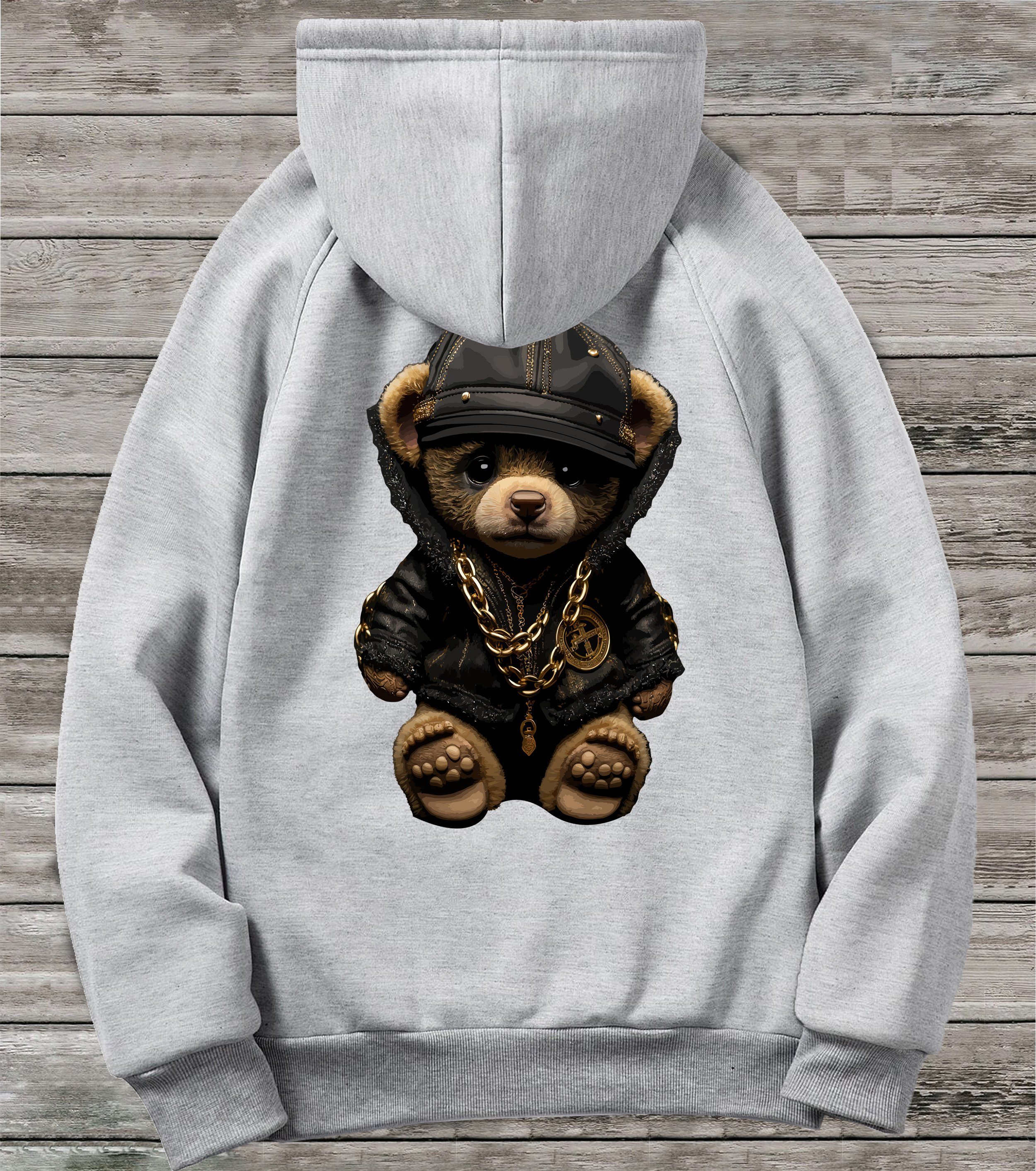 RMK Hoodie Kapuzenpullover Longsleeve mit Gangster Bär Teddybär mit Kapuze, mit lizenziertem Print Grau