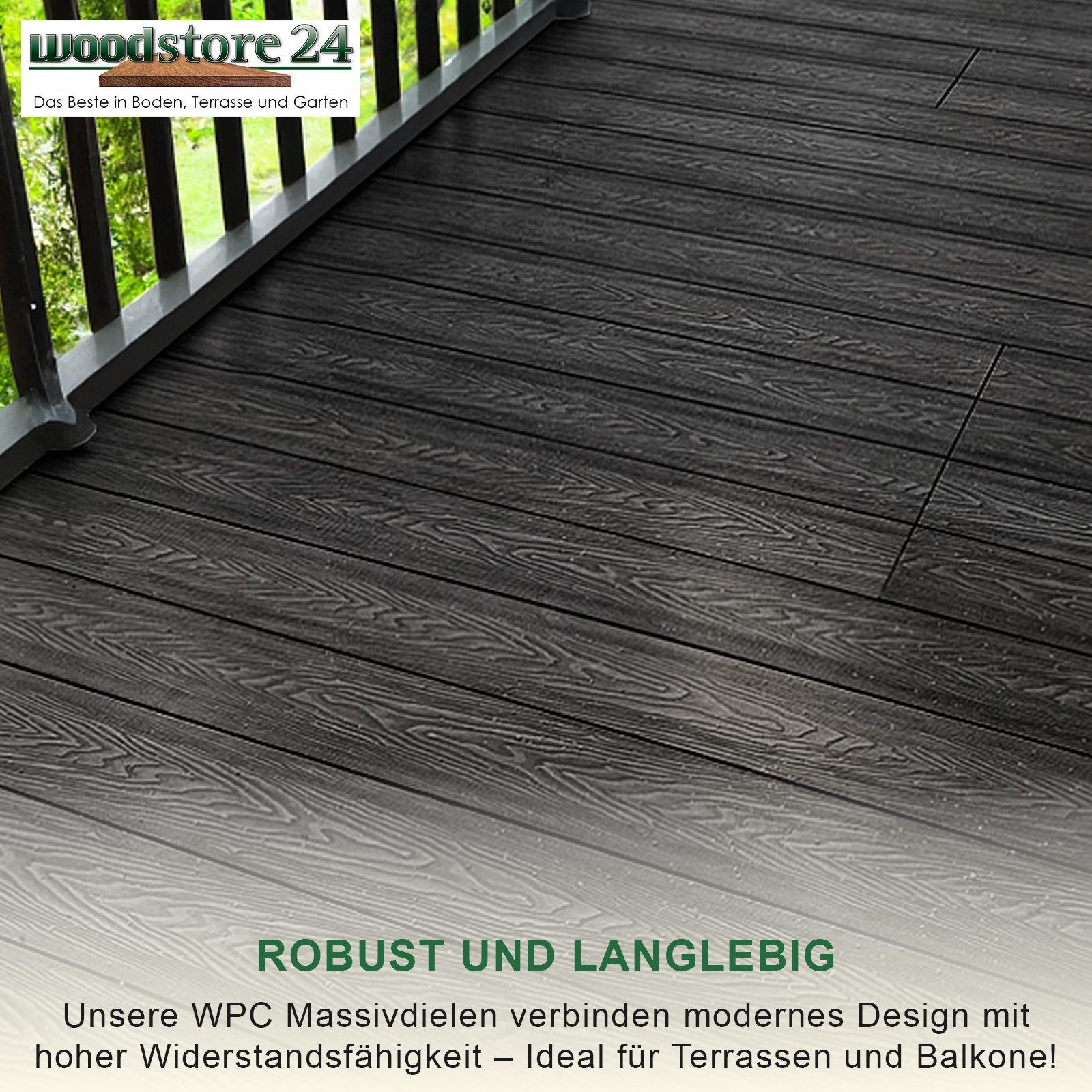 Woodstore24 Terrassendielen WoodoMalta WPC Massivdiele in Holzoptik für den Garten mit Clipsystem, (Bodenbelag Komplettset mit Unterkonstruktion, Clip-Befestigung, 2,4m L x 14,6cm B x 1,8cm Stärke, in grau, anthrazit & braun), Holzoptik, Klicksystem, Außenbereich, Gastronomie geeignet, wetterfest