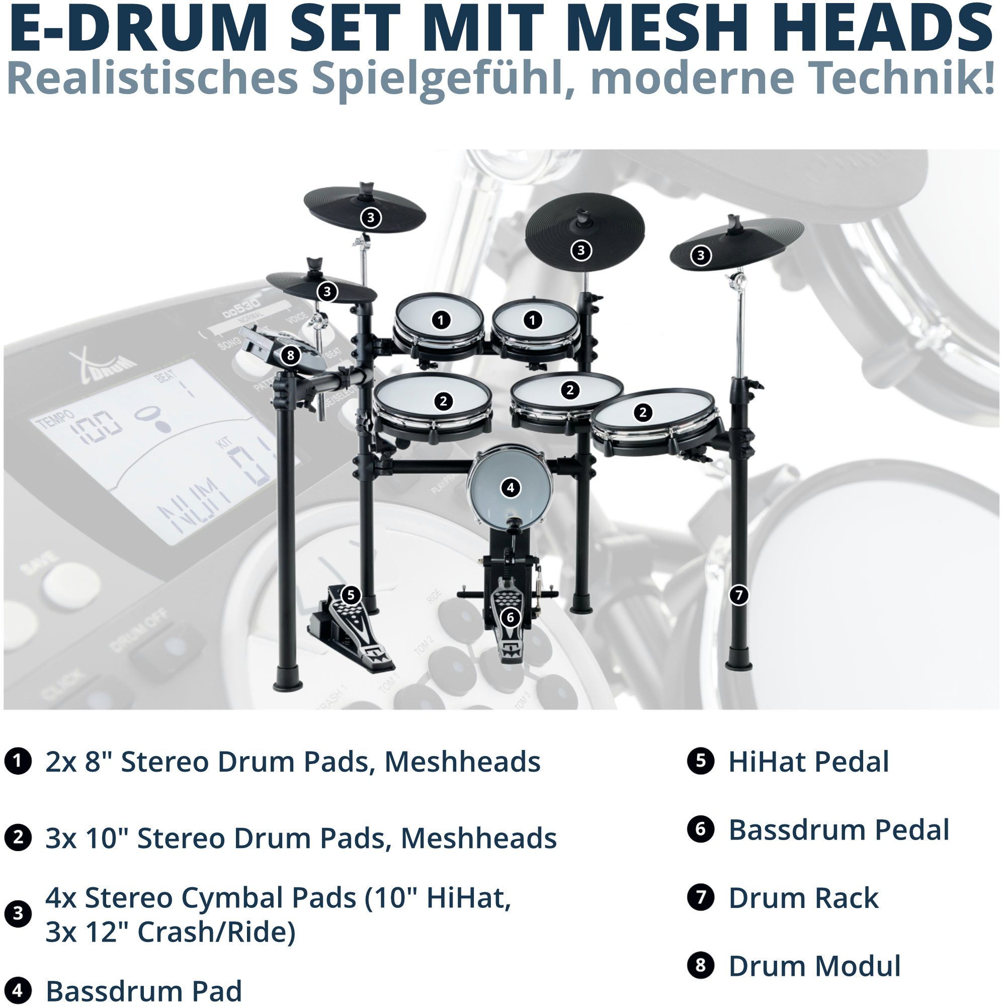 XDrum E-Drum DD-530 E-Drum mit Mesh Heads MAXI Live Kit, 17-St., USB MIDI, 45 Drumkits, 400 Sounds und Lernmodus