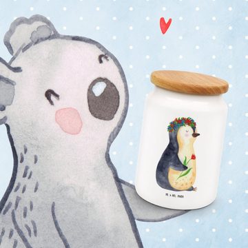 Mr. & Mrs. Panda Vorratsdose Pinguin Blumen - Weiß - Geschenk, Lebenslust, Wünsche, Leckerlidose, Keramik, (1-tlg), Premium Farbdruck