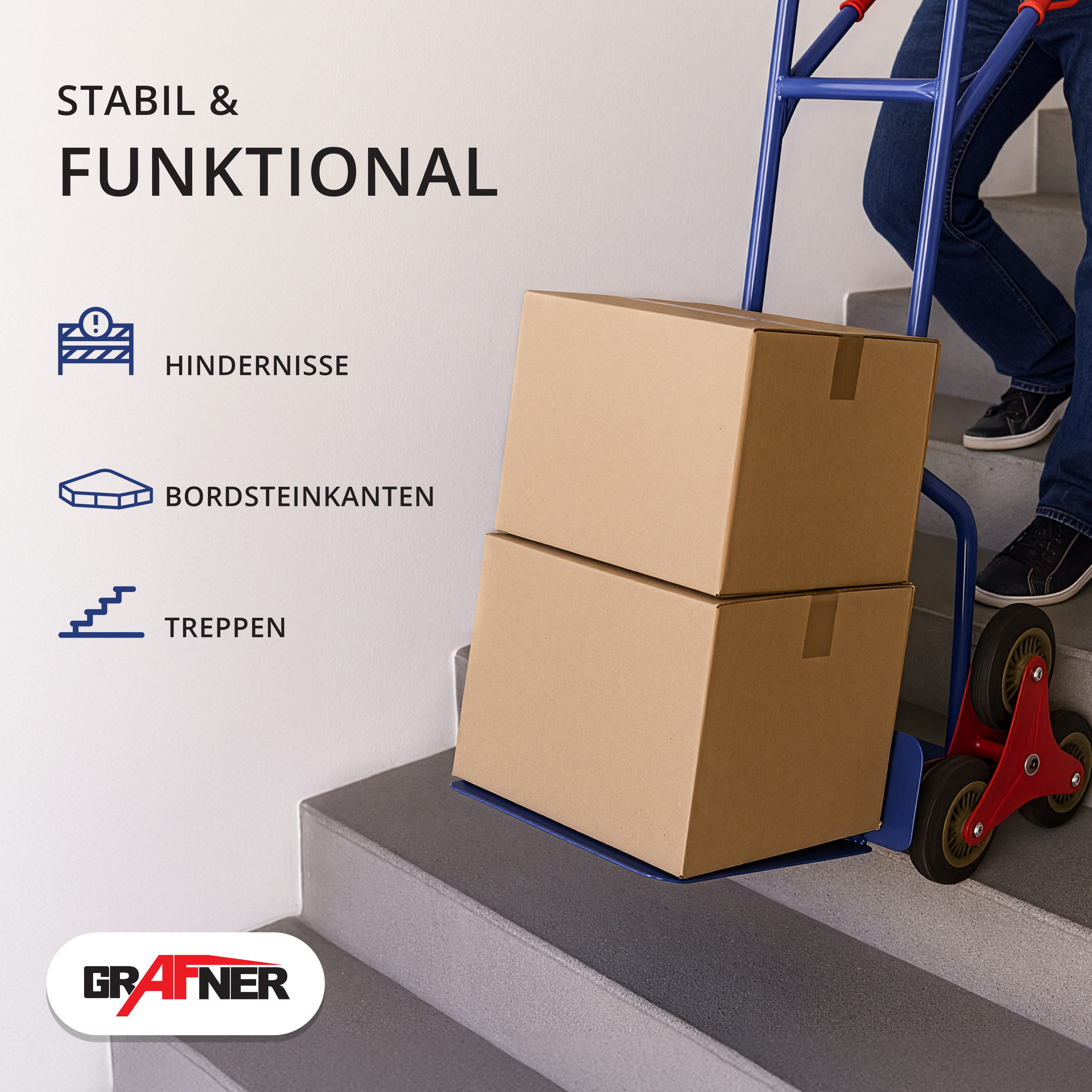 Grafner Sackkarre Treppensteiger Sackkarre ausziehbar / klappbar 200 kg, (Stk, 1), 200 kg Tragkraft, klappbar, faltbar, Stahl