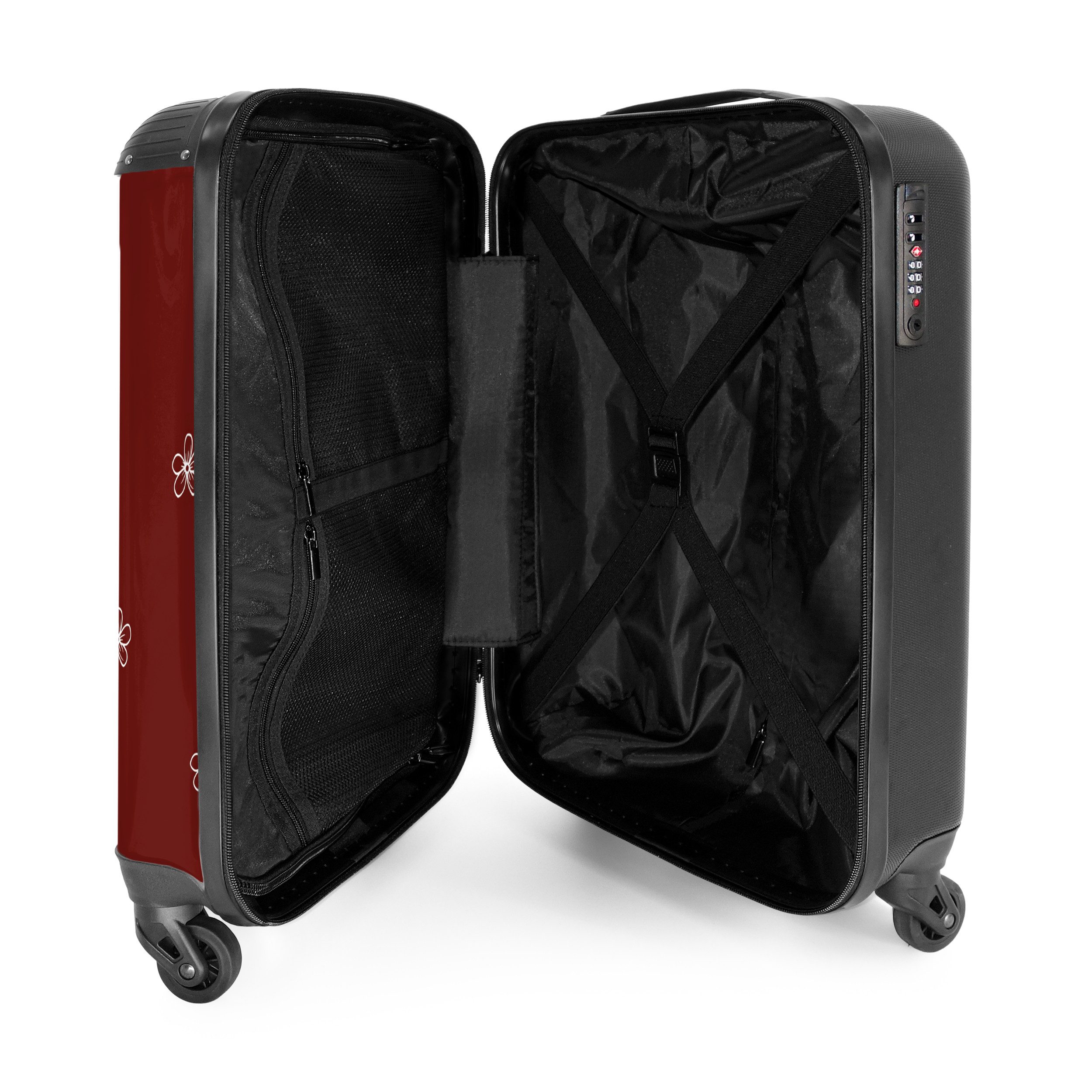 NoBoringSuitcases.com© Hartschalen-Trolley Roter Hintergrund mit weißen Blumen 55x35x20cm, 4 Rollen, Reisetasche mit Rollen, Koffer Handgepäck Flugzeug