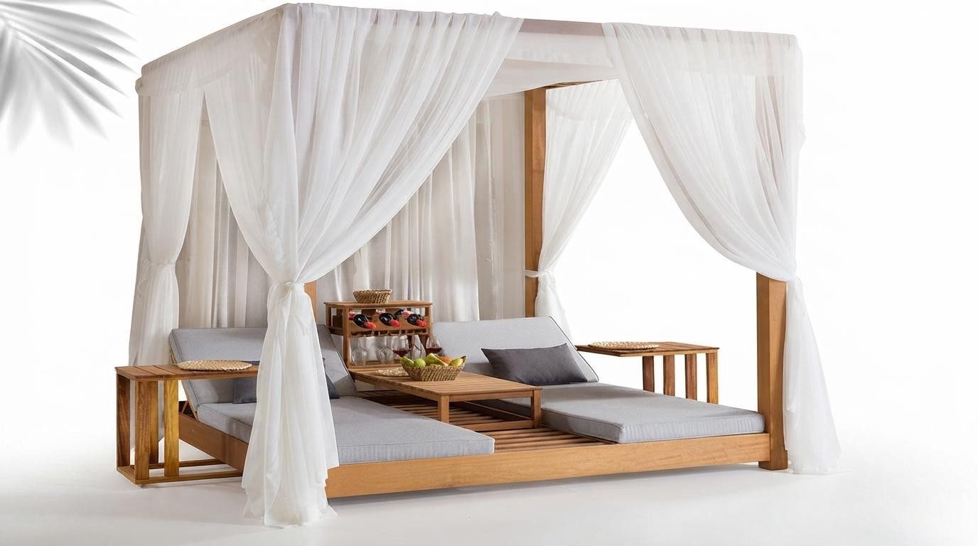 Xlmoebel Doppelliege Luxus Sonneninsel Lounge-Bett Beige Holz mit Baldachin Garten, 2 St., 2-tlg., Sitztiefenverstellung, Verstellbar