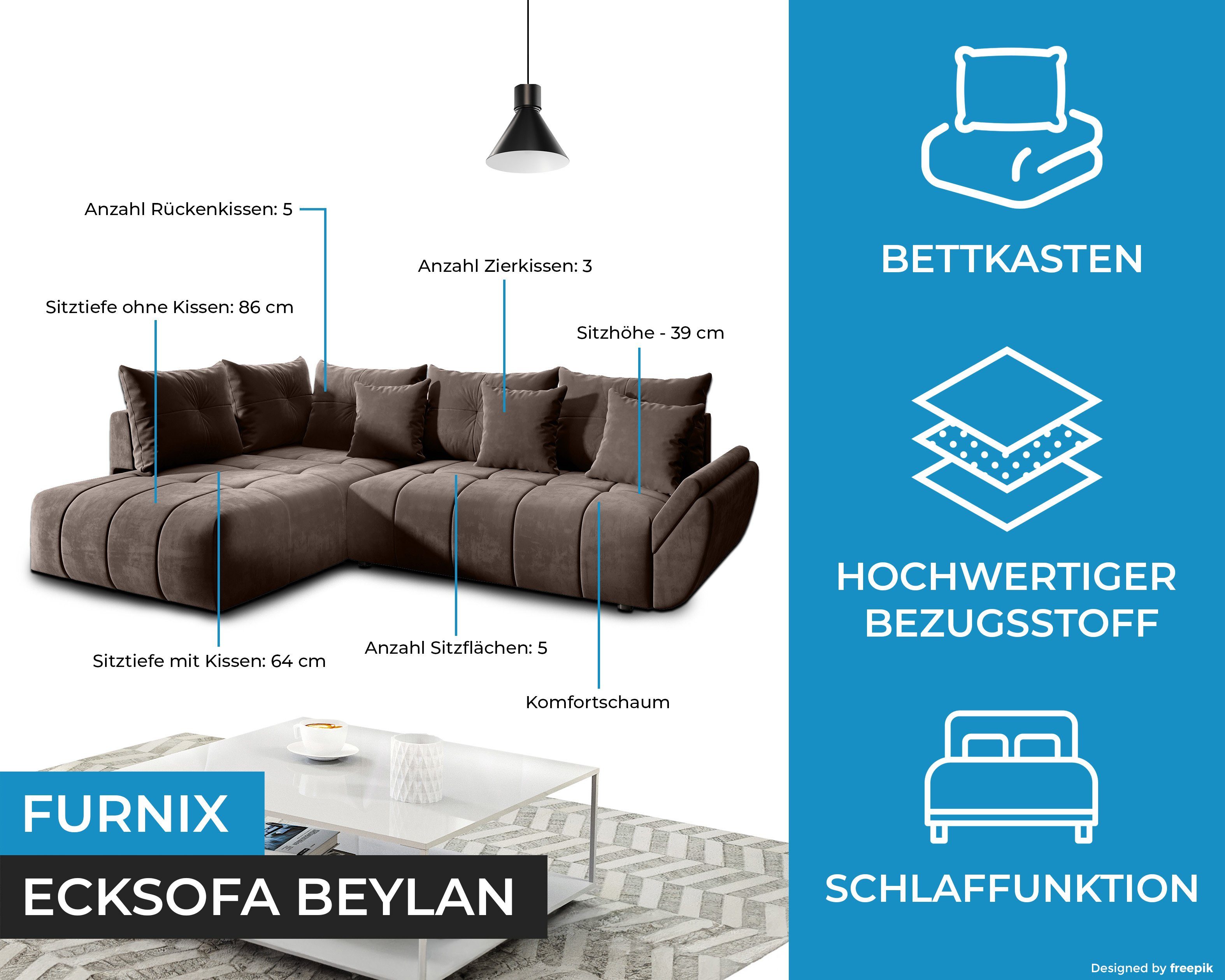 190 in L-Form Kissen, und Schlafsofa Europe Furnix MH15 BEYLAN 71/91 Ecksofa Braun x x pflegeleicht, cm, Polstercouch Bettkasten in 280 made mit