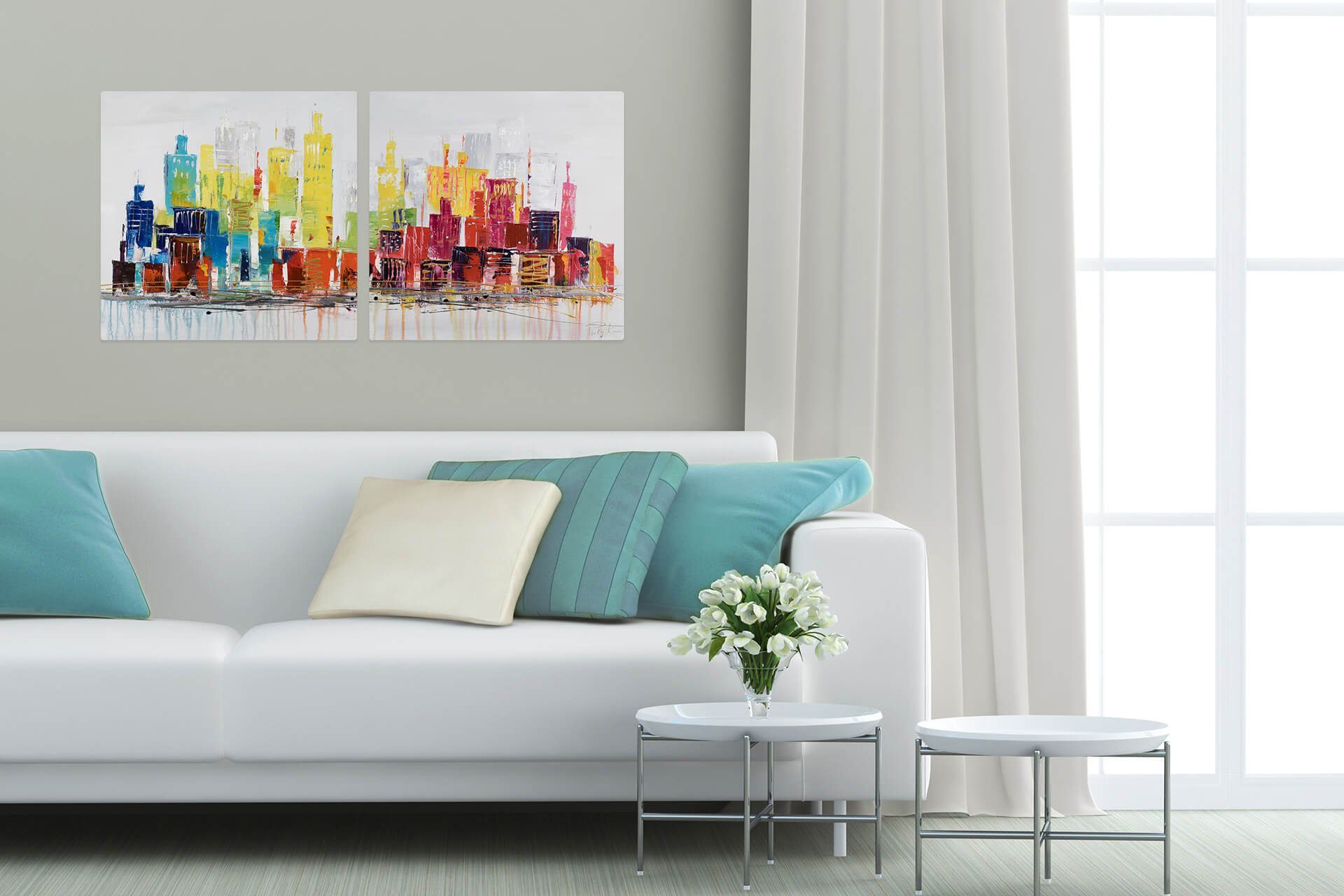 KUNSTLOFT Gemälde City of Lights 120x60 cm, Leinwandbild 100% HANDGEMALT Wandbild Wohnzimmer