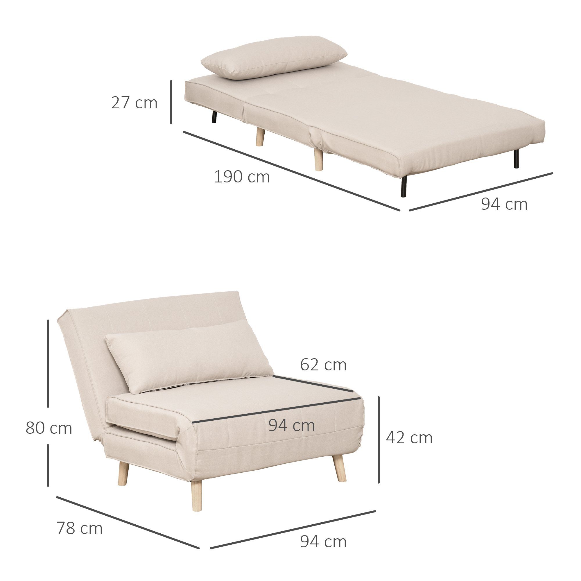HOMCOM Sessel Rückenlehne Liege, Leinenimitat Tannenholz, Cremeweiß, 94 x 78 x 80 cm (2-Sitzer Sofa, 1-St., 1 x Einzelschlafsofa), mit Bettfunktion – Bild 3 von 5