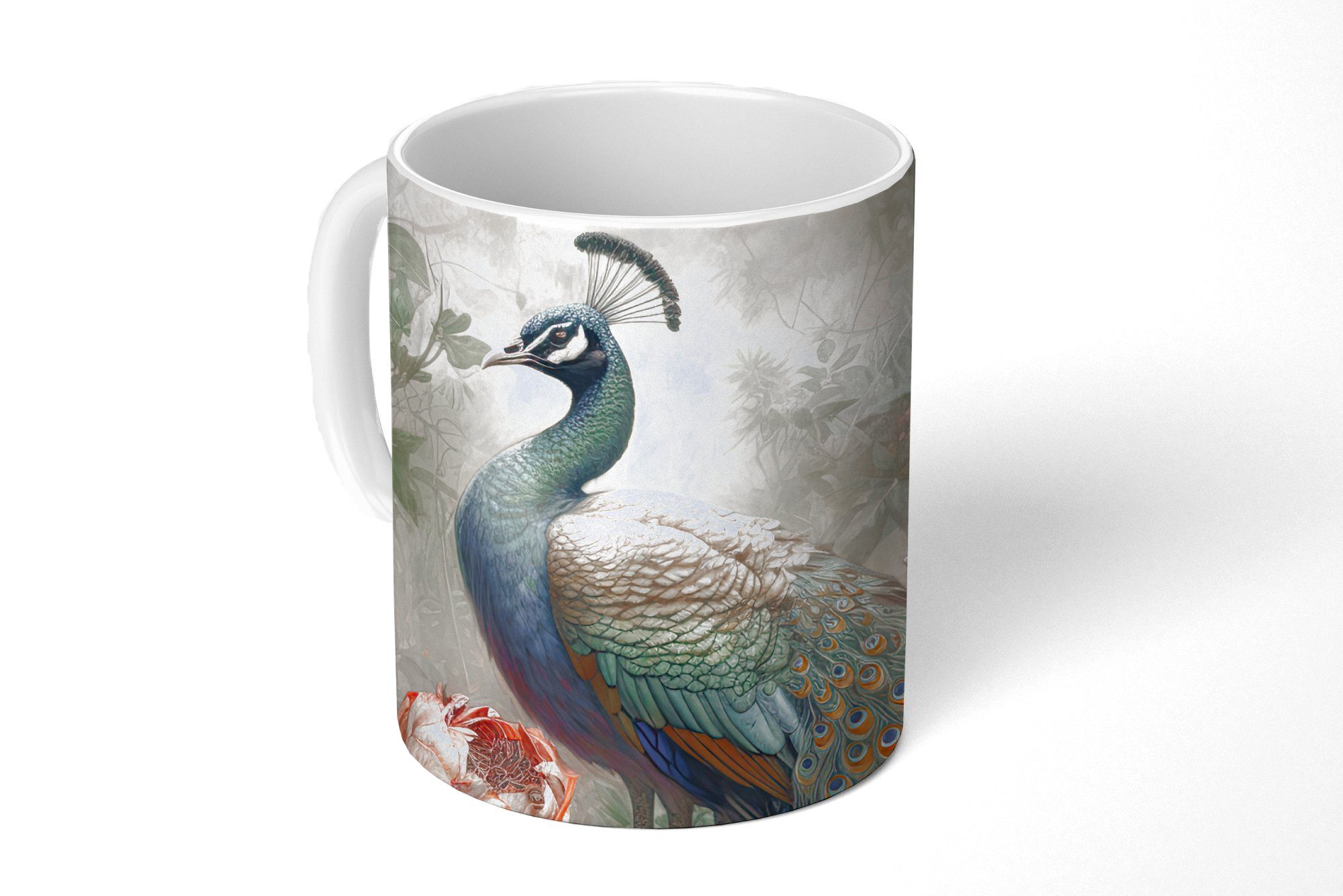 MuchoWow Tasse Pfau - Pfauenfedern - Vogel - Dschungel - Blumen, Keramik, Kaffeetassen, Teetasse, Becher, Teetasse, Geschenk