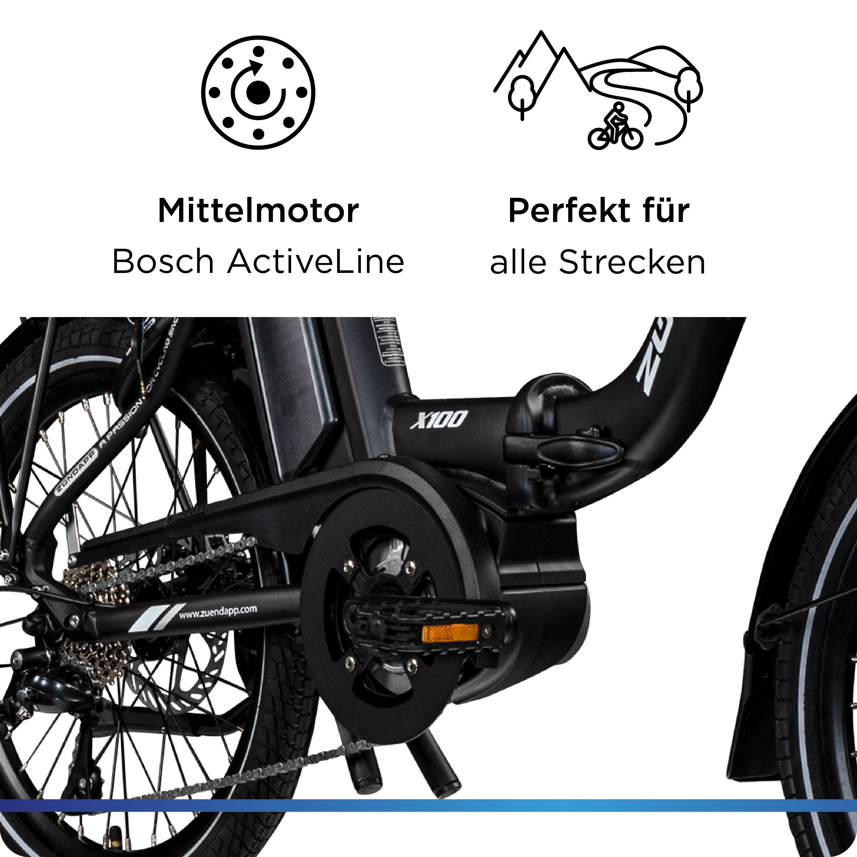 Zündapp E-Bike Folding Bike X100, 9-speed Shimano Sora derailleur, mid-drive motor, 400 Wh battery, pedelec, electric bicycle for men and women