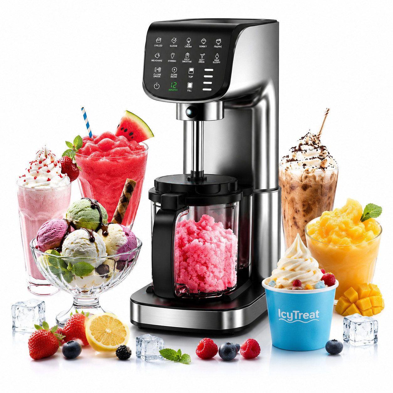IcyTreat Eismaschine 12-in-1 Eismaschine aus Edelstahl, 500W, 568ml, inkl. 3 Behälter