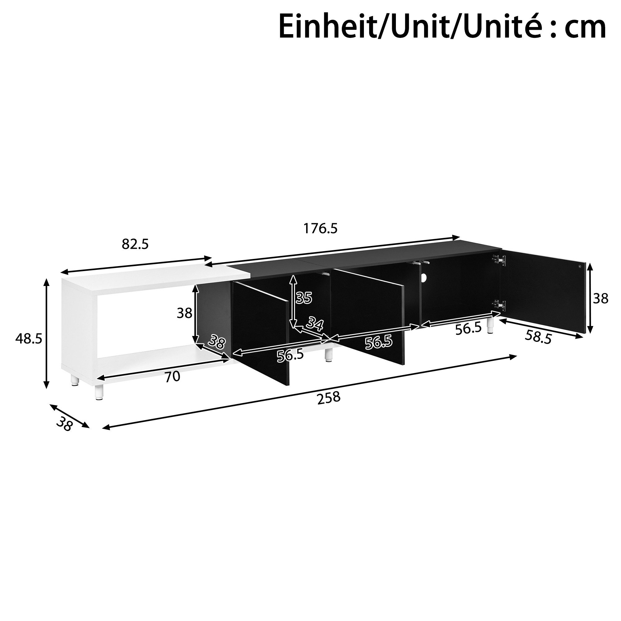 Merax Lowboard ausziehbarer TV-Schrank mit Soft-Close Scharnieren (258 L x 38 B x 48,5H(cm), 1 St), TV Lowboard mit 3 Hochglanz-Türen, Metallfüßen & Stauraum – Bild 4 von 5
