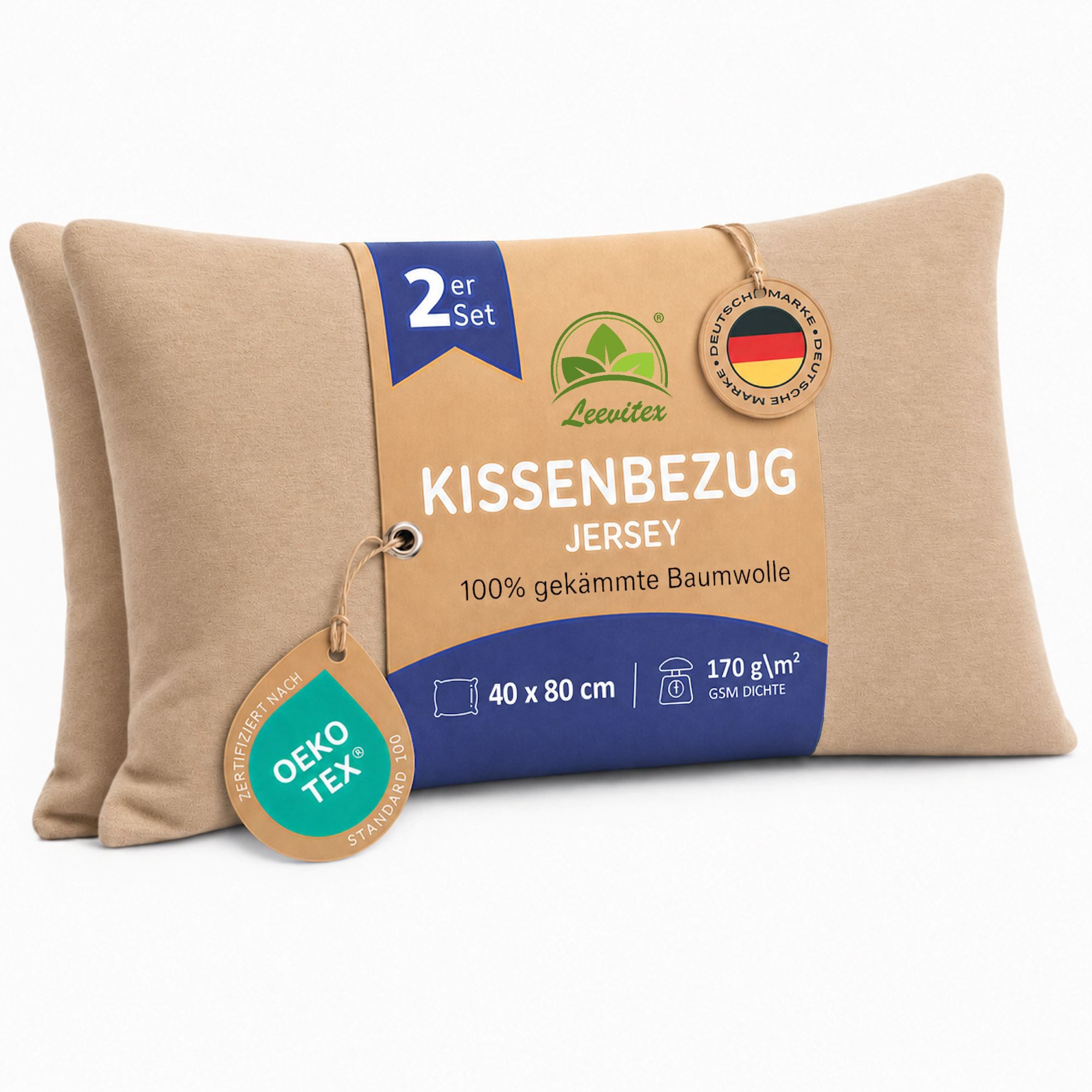 leevitex® Kissenbezüge Kissenbezug 40 x 80 cm, 2er Set, Sand/Cappuccino, (2 Stück), feine Jersey-Qualität, 100% Baumwolle, robuster Reißverschluss