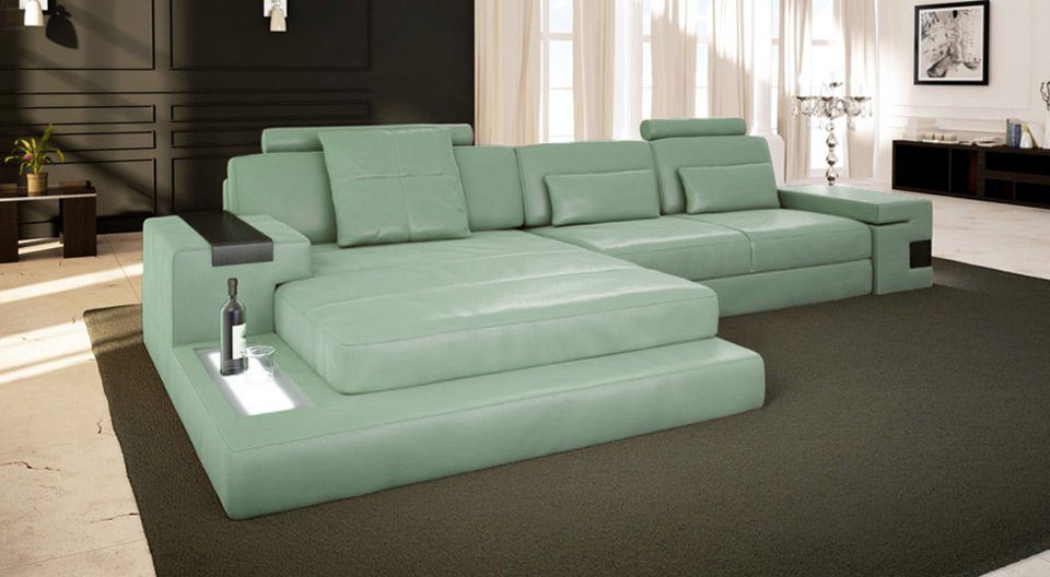 Eckcouch HAMBURG - Couch Leder Blau Grün Leder Ecksofa Ecksofa LED-Licht Ocean BULLHOFF Blau Sofa