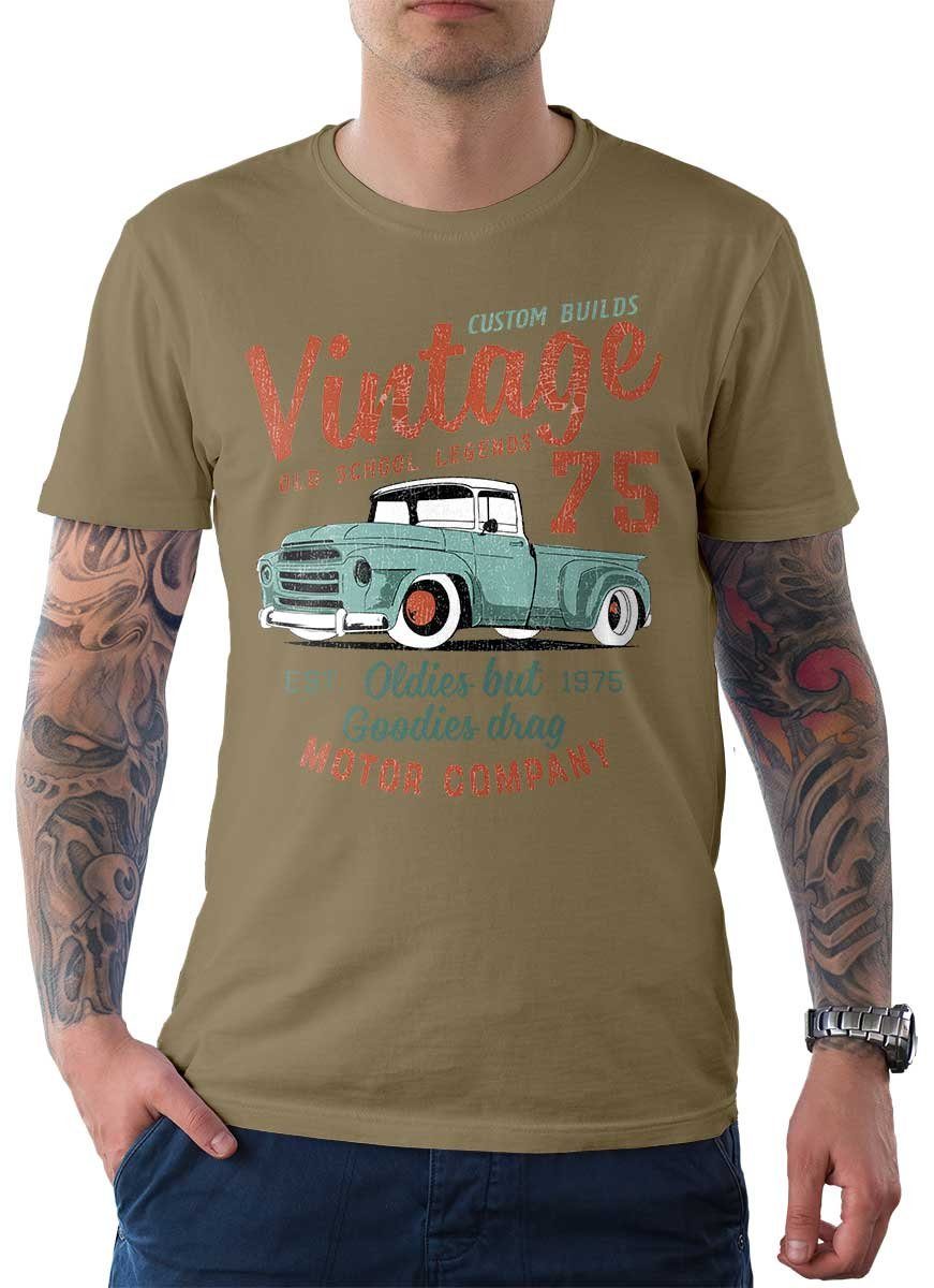 Rebel On Wheels T-Shirt Khaki Herren Vintage T-Shirt 75 Truck Auto US-Car Motiv / mit Tee