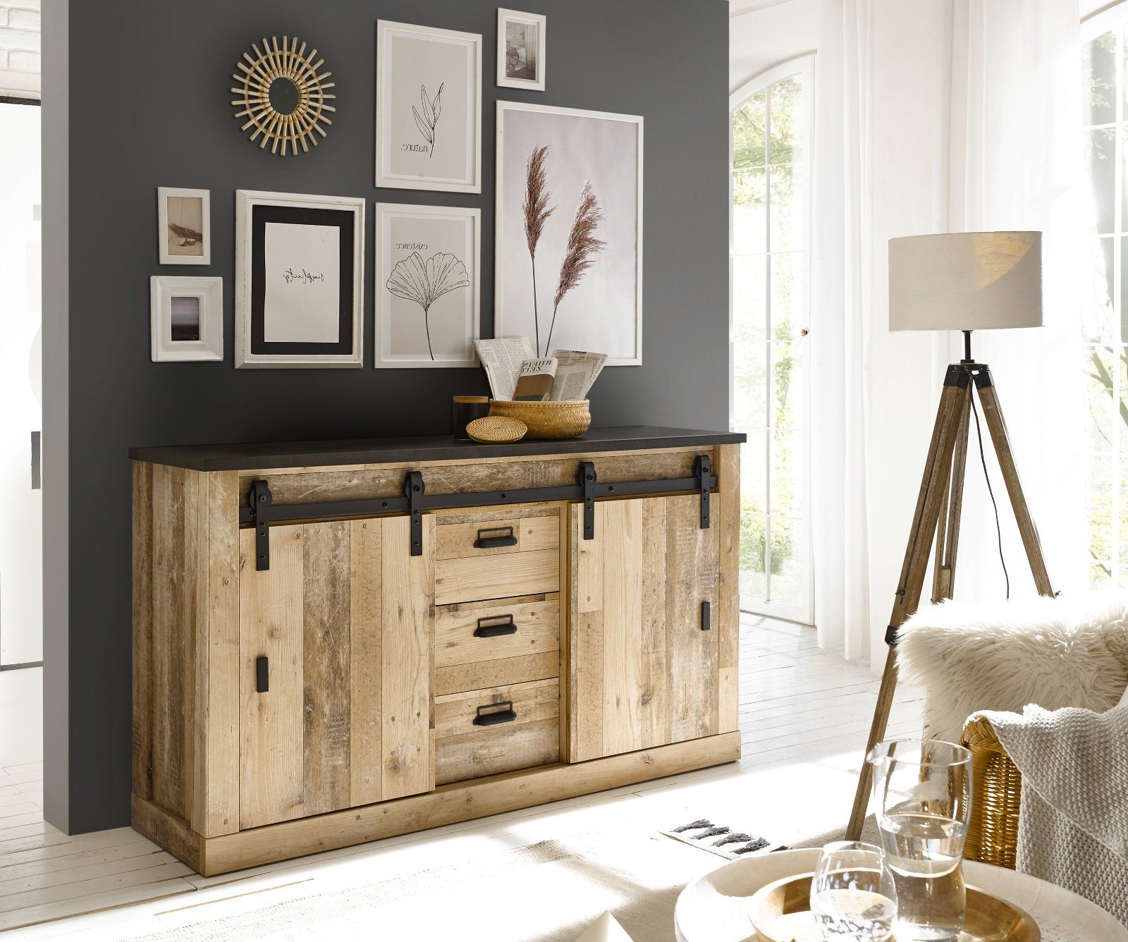 Furn.Design Sideboard Stove (mit Scheunentorbeschlag und Apothekergriffen, Altholz Dekor, Breite 161 cm), Soft-Close