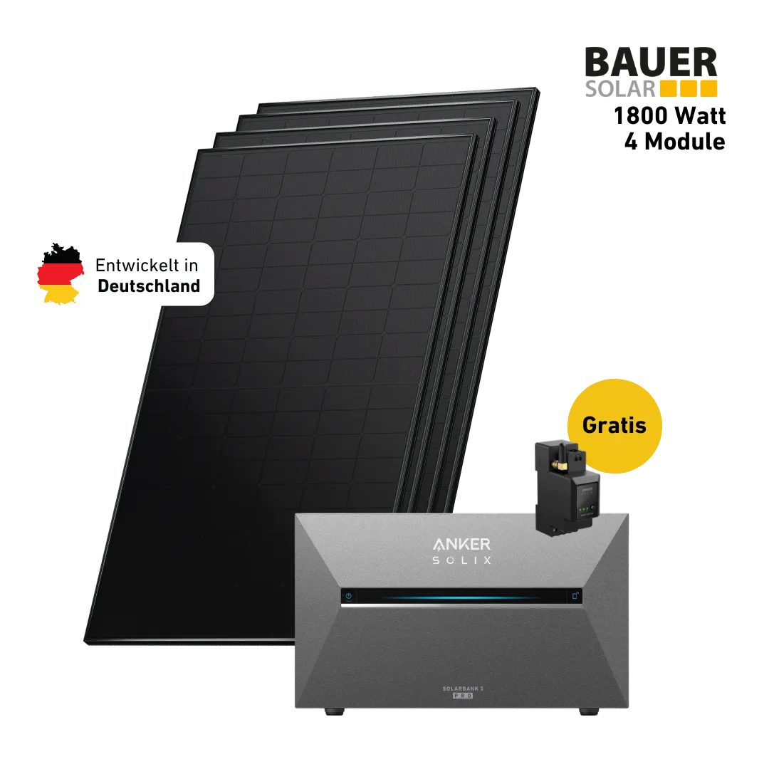 Balkonstrom Balkonkraftwerk 1800W mit Speicher, Anker 3 Pro, Komplettset, Bifazial, Premium, 1800 W, Monokristallin, (Anker SOLIX Solarbank 3 E2700 PRO Stromspeicher), Made in Germany Kabel