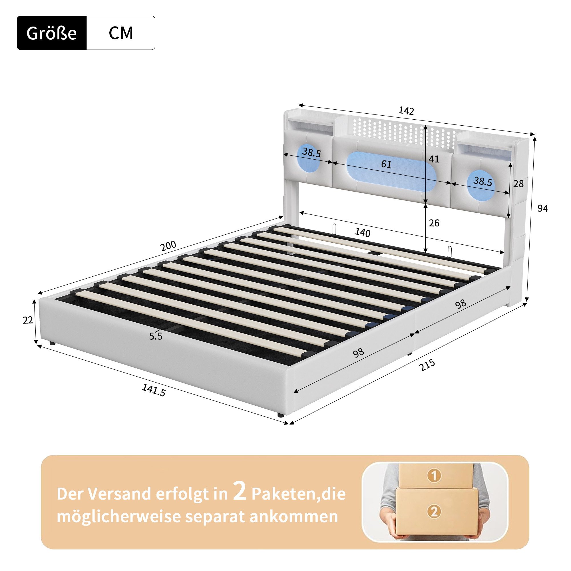 FUROKOY Stauraumbett Polsterbett Doppelbett mit LED-Beleuchtung (Aufklappbares Kopfteil mit Stauraum und Ladeanschluss), Hydraulikbett Funktionsbett, PU, Weiß,  – Bild 5 von 5