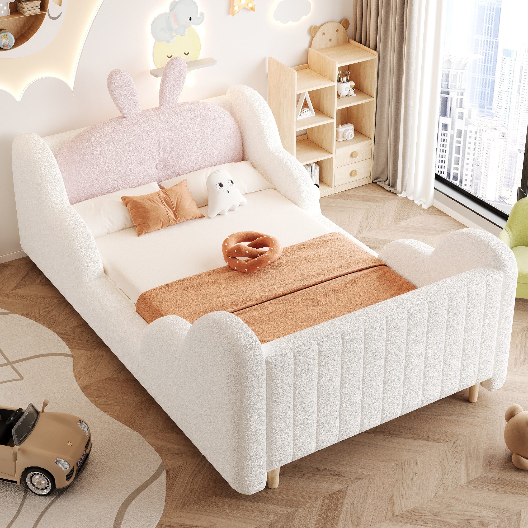 Merax Polsterbett (1-tlg., gepolstertes Plattformbett Bodenbett aus Teddysamt), Kinderbett 90x200 mit Lattenrost, Kaninchenkissen und Rausfallschutz