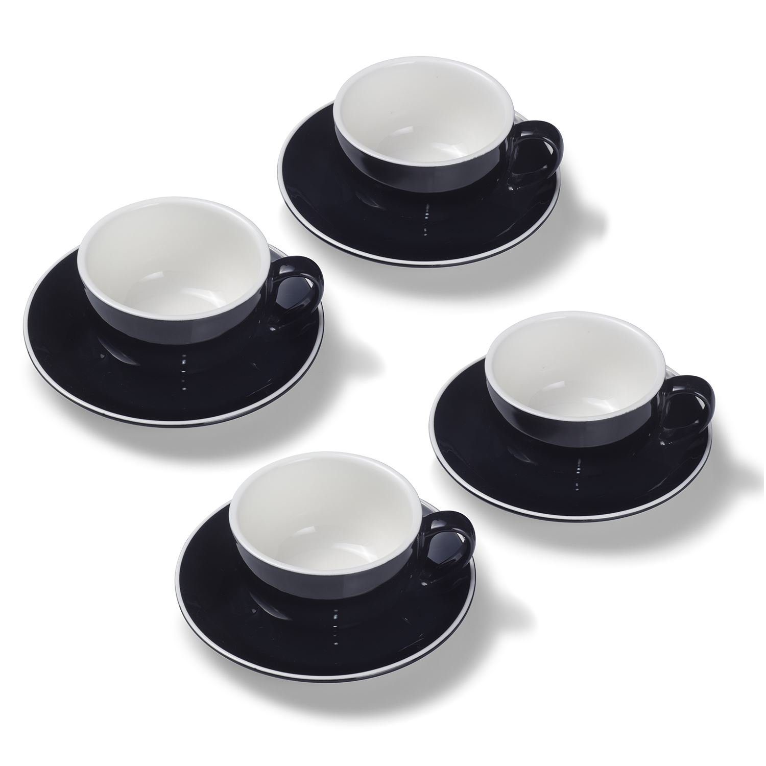 Tasse 4er Milchkaffeetassen-Set, Schwarz glossy 350 ml mit Untertasse, Porzellan, spülmaschinenfest,extra dickwandig