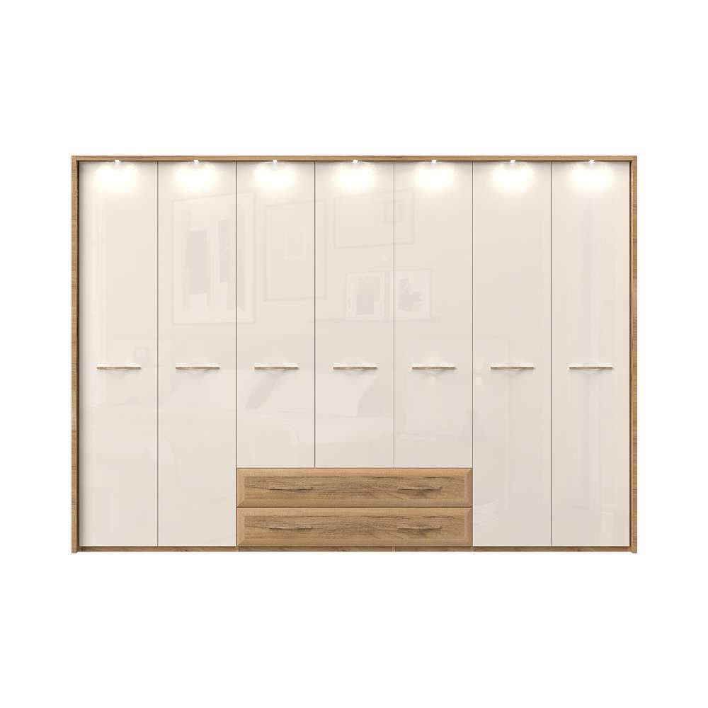 OTTO home Kleiderschrank Gala, beige hochglänzend UV lackiert, kratzfest, FSC-zertifiziert (abgerundete Schubladen aus MDF im Holzdekor, soft-close) mit Beleuchtung und Passpartourahmen, hoher Schrank (224cm), 4 Breiten