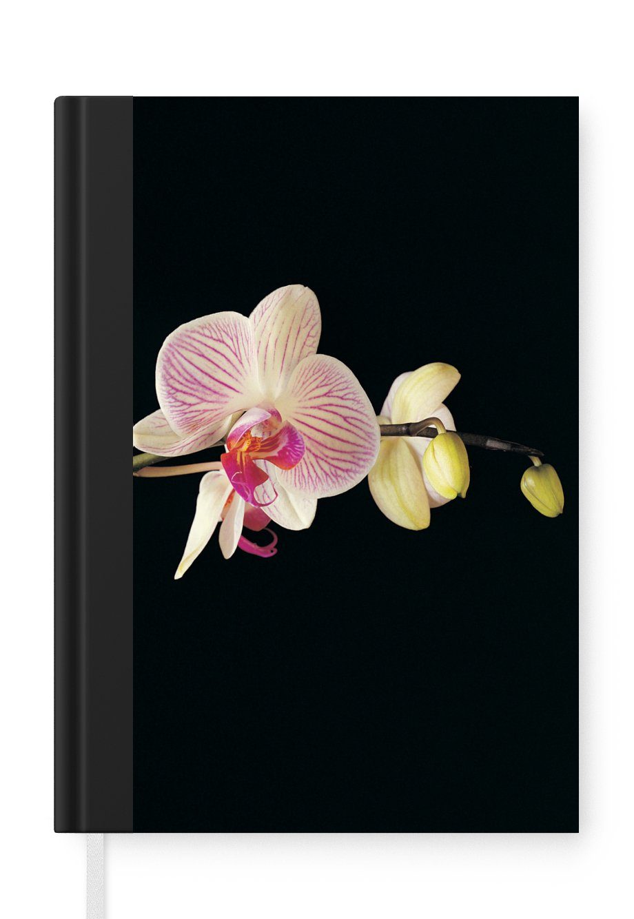 MuchoWow Notizbuch Orchidee - Blumen - Schwarz - Rosa - Knöpfe, Journal, Merkzettel, Tagebuch, Notizheft, A5, 98 Seiten, Haushaltsbuch