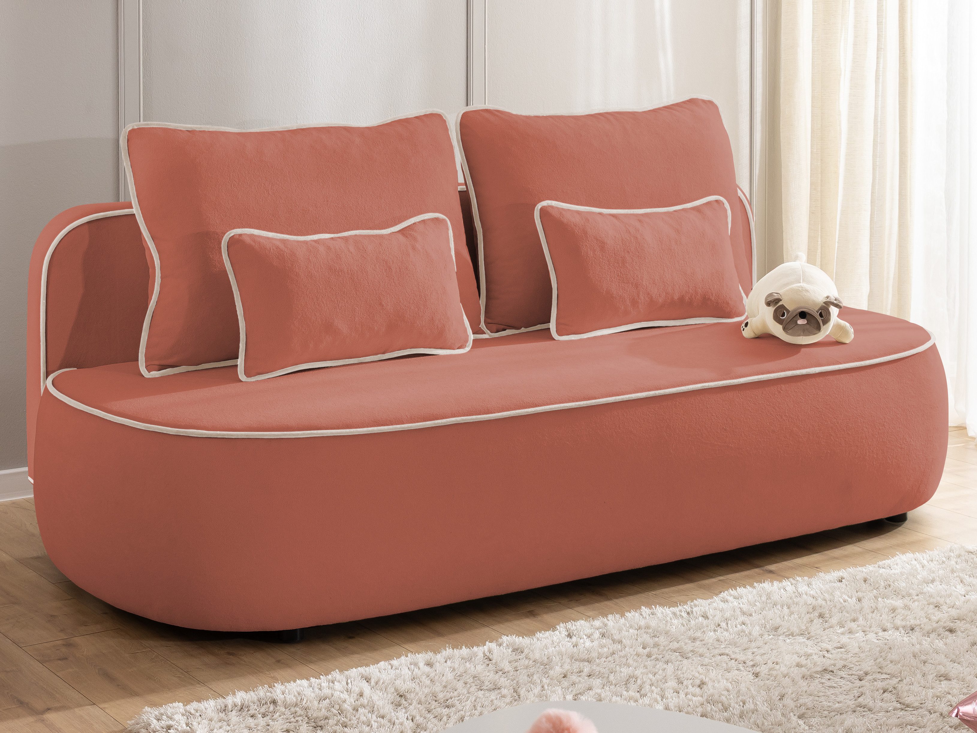 S-Style Möbel Kindersofa Vero mit Schlaffunktion, Bettkasten und Kontrastpaspel aus Plüschstoff, im modernen und abgerundeten Design