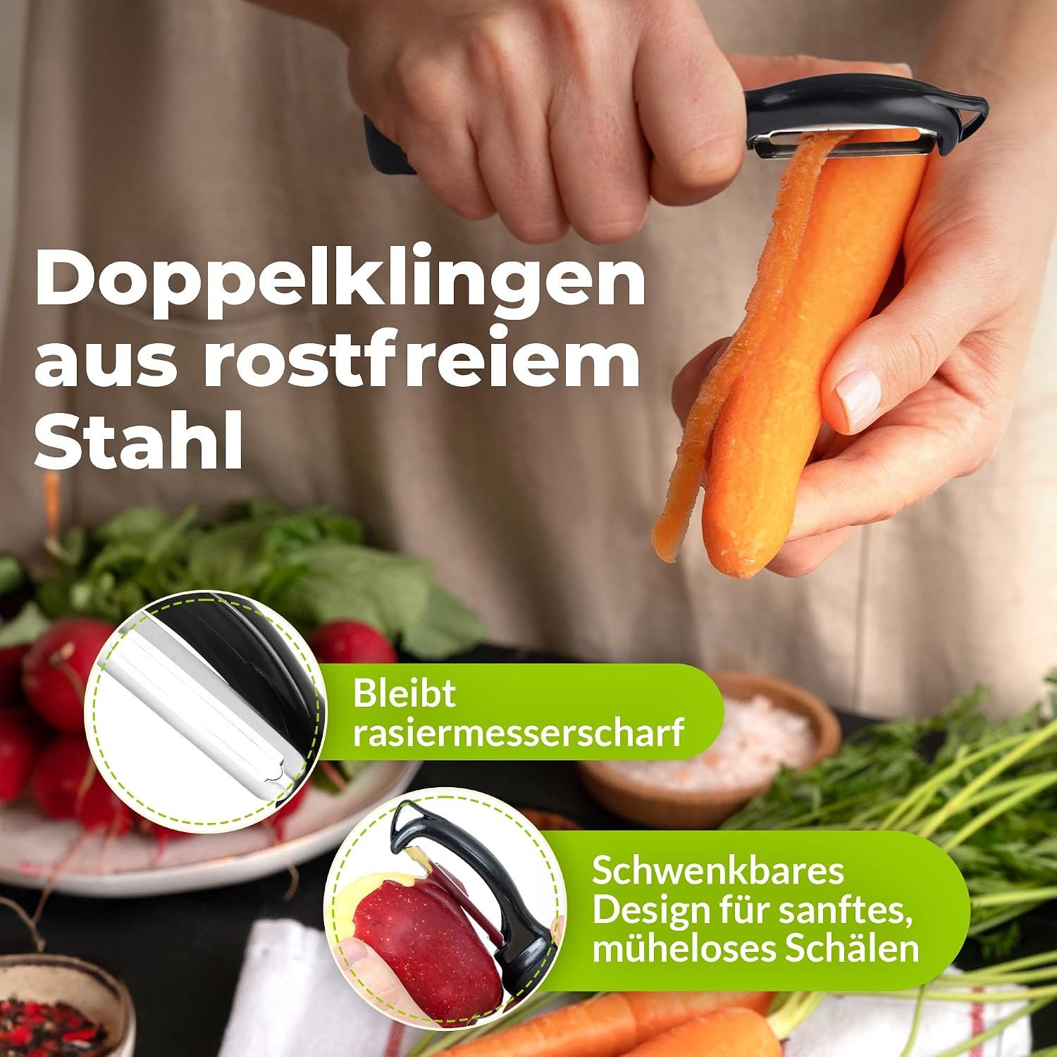 ibettertec Sparschäler Profi Pendelklinge für Kartoffeln, Spargel, Obst & Gemüse, (Kartoffelschäler - Sparschäler aus Edelstahl mit Aufhängehaken - Schwenkbarer Gemüseschäler mit ergonomischem Griff - Peeler Sparschäler für Gurken, Karotten, Äpfel & Kartoffeln)