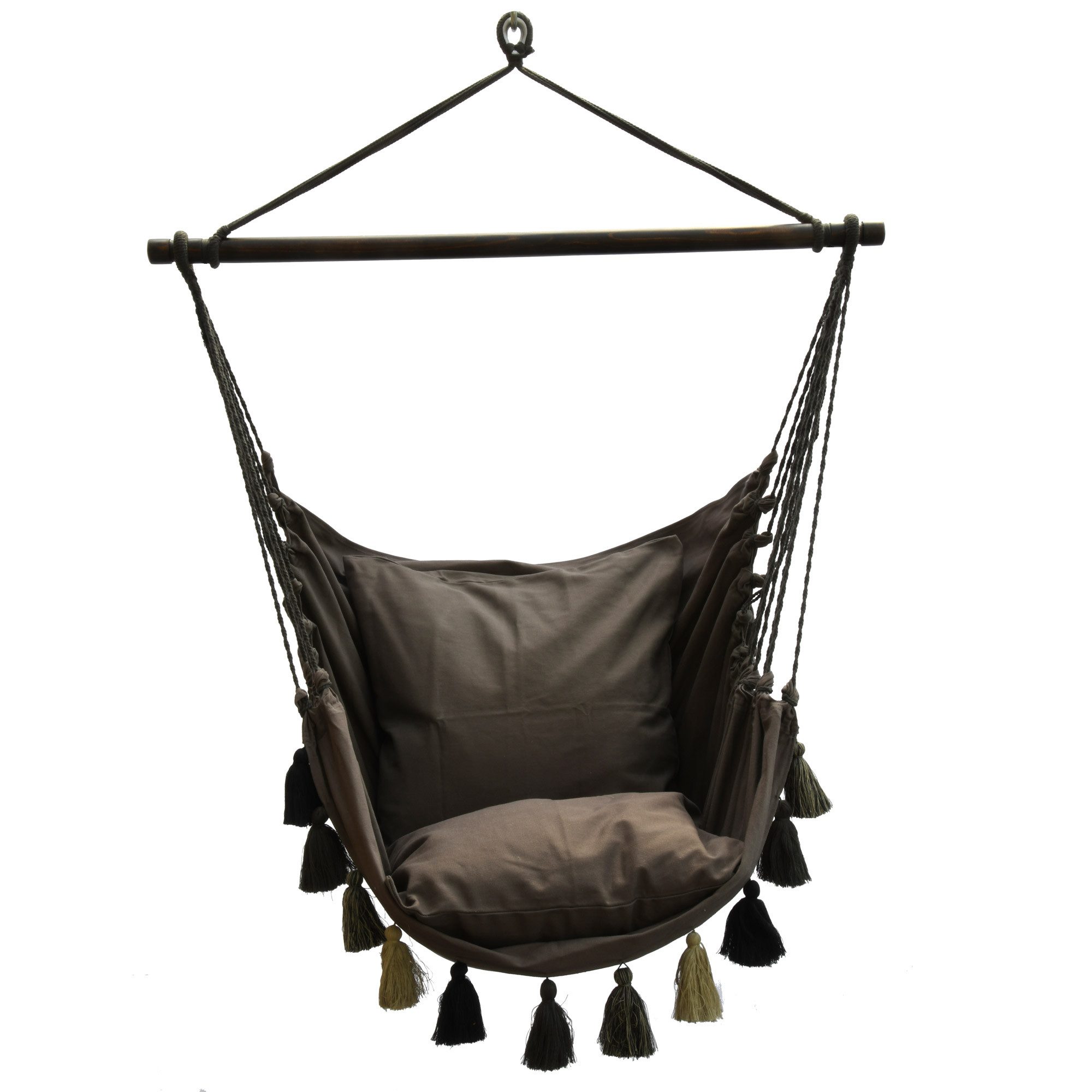 HOPLO Hängestuhl Hängesessel HC-10 graubraun Häkelborte und Quasten Baumwolle
