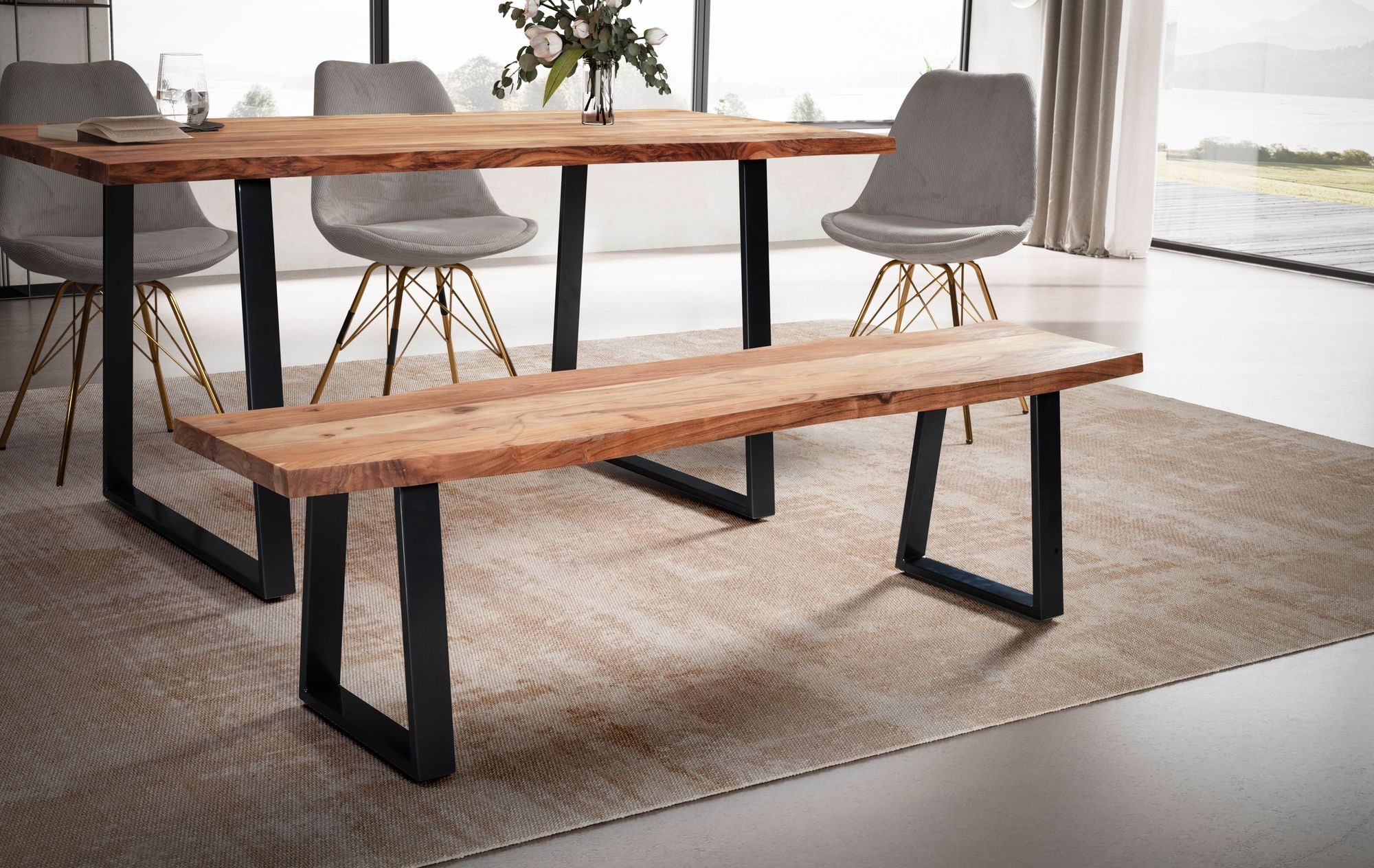FINEBUY Essbank FB68387 Esszimmerbank Sitzbank Akazie Massivholz Baumkante günstig online kaufen