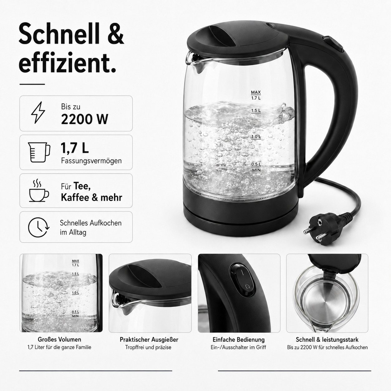 LEFEX Wasserkocher mawaa Glas-Wasserkocher 1,7 l 2200 W BPA-frei schwarz, 2200 W, Borosilikatglas / 1,7 l Fassungsvermögen / Edelstahlfilter
