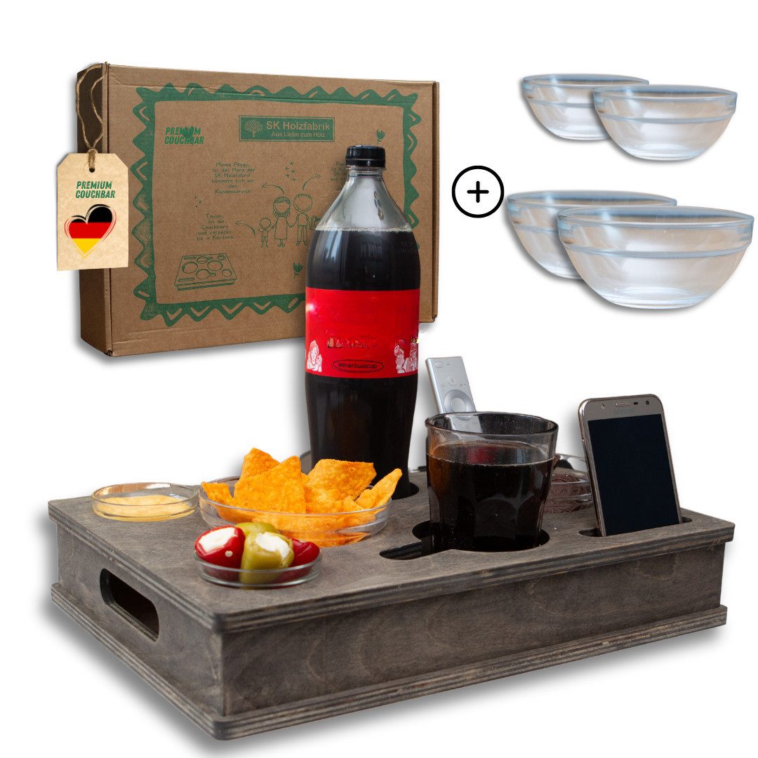 PEGSEN Servierplatte All in One Couchbar Sofatablett mit 4 Snackschalen, Birkenholz, (Set, 5-tlg., abnehmbarer Deckel, mit 4 lebensmittelechten Glasschalen), passend für Kaffeetassen, Weingläser, 0,5L Bierflaschen