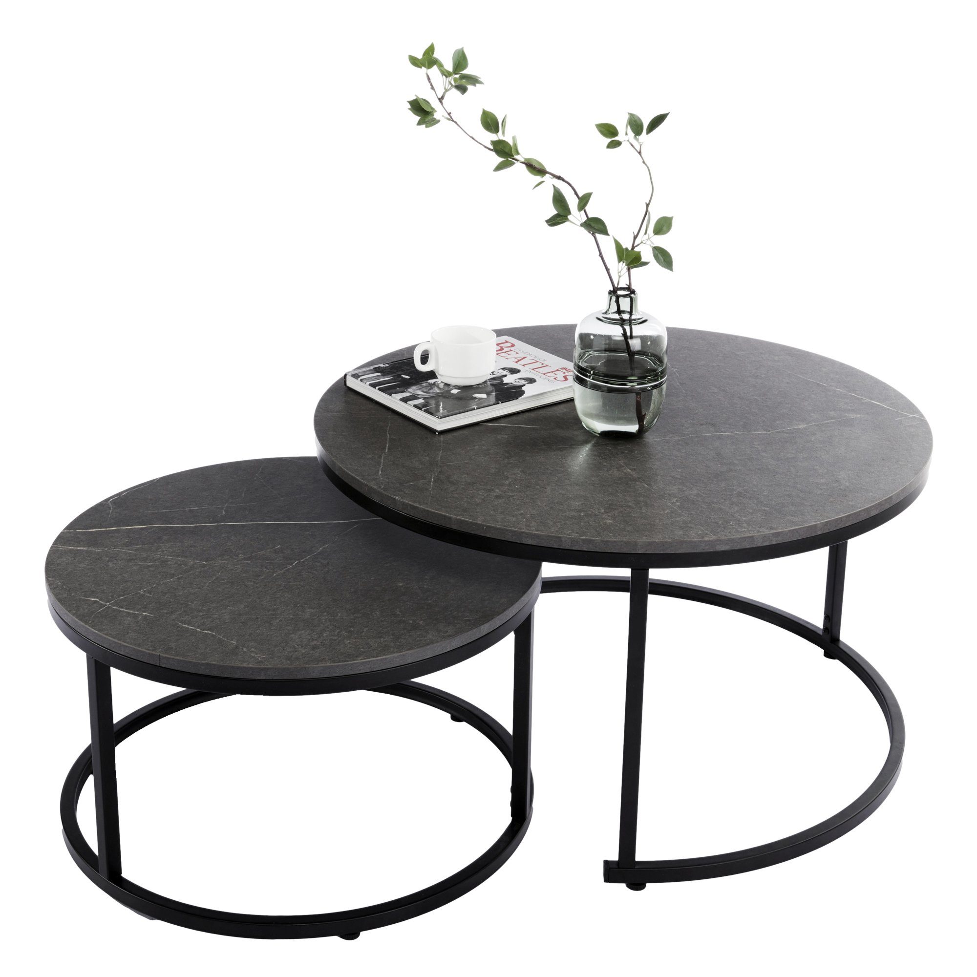 HomeGuru Couchtisch Schwarz Marmormuster, Satztische Design | (2-St., Set) 2 Sintergestein, modernes St., rund, schwarz