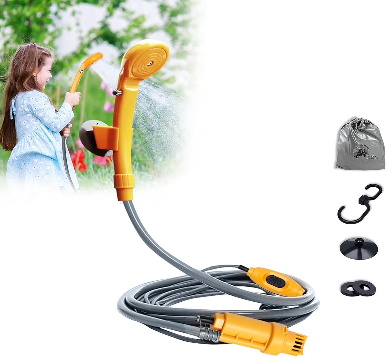 FIVMEN Gartendusche Campingdusche mit Tauchpumpe Handbrause Outdoorduschen Camping Dusche (1 St), Inkl. Haken und Saugnapf, für Garten Outdoor, Wohnmobil, Reisen
