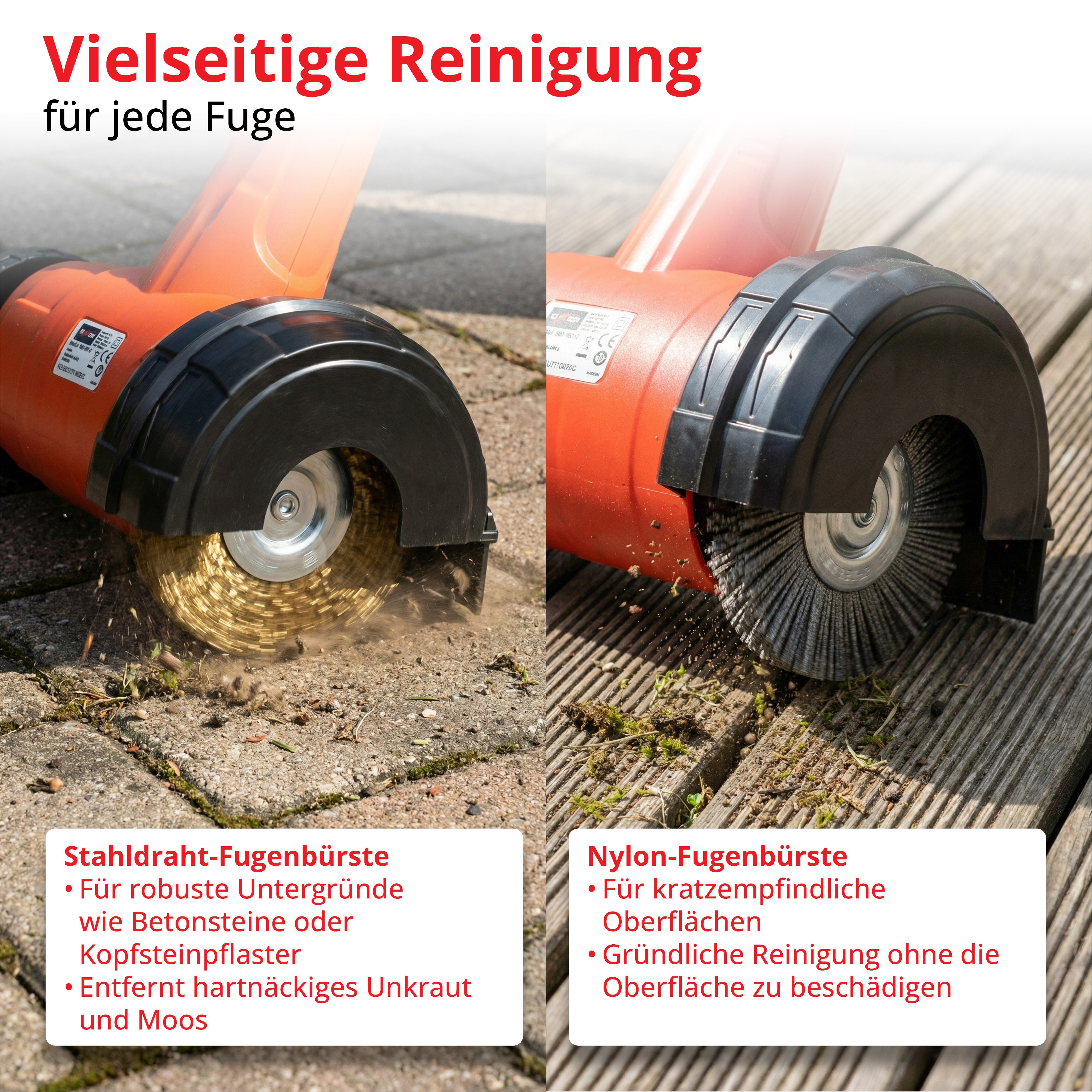 Grafner Elektro-Fugenbürste Unkrautfugenbürste elektrisch inkl. 2 Fugenbürsten 400W Fugenreiniger, 110,00 cm Bürstendurchmesser, Stk., 1, incl. 2x Bürsten, 400  – Bild 5 von 5