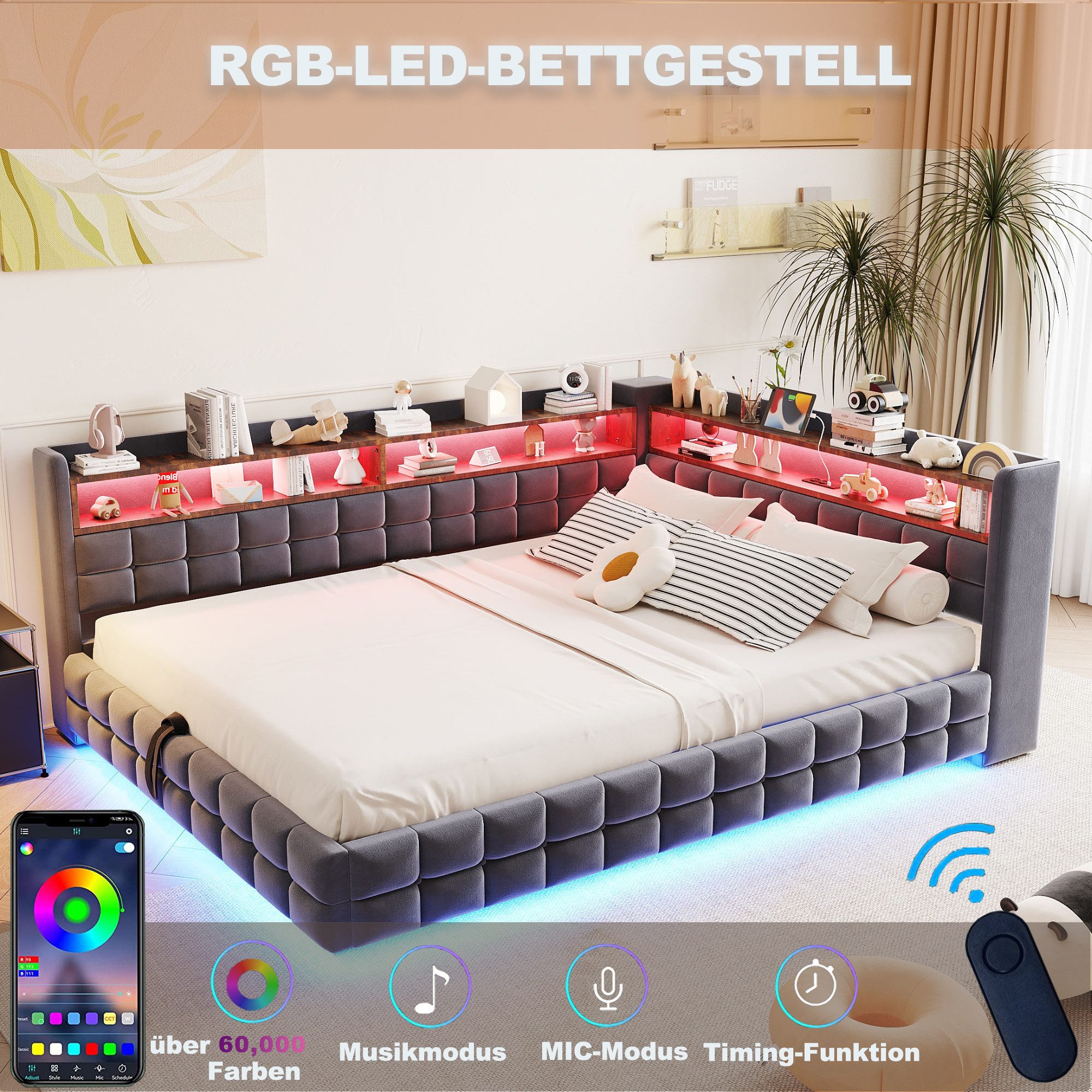 Merax Daybett Polsterbett mit LED-Lichtleiste, Steckdose und USB & Typ-C Anschlüssen (Jugendbett Einzelbett Sofabett, 1 tlg), Tagesbett 140x200cm mit hydraulisc – Bild 4 von 5