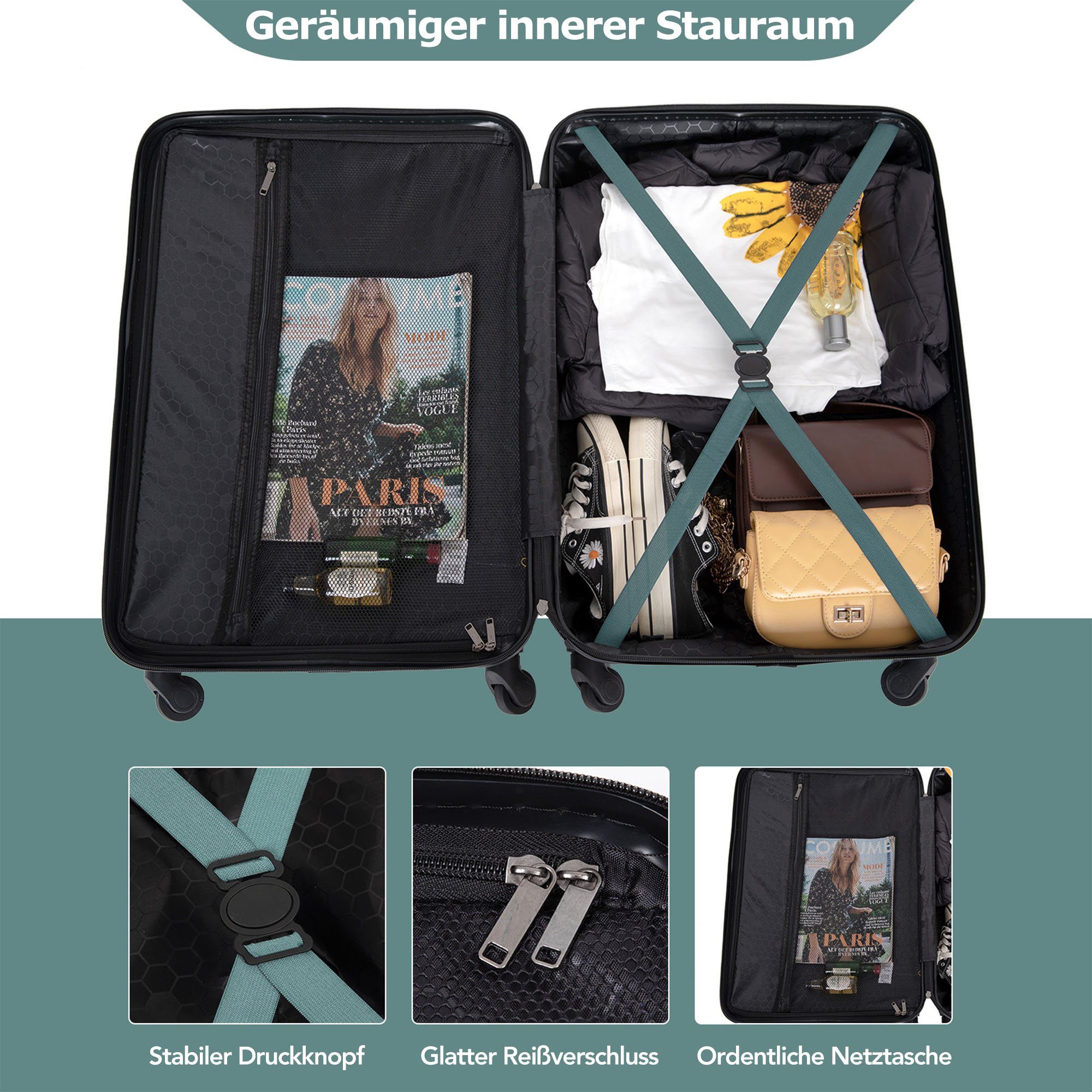 Dunkelgrün Hartschalen-Trolley, Handgepäcktrolley TSA-Schloss Reisekoffer, Flieks Koffer Rollen, ABS-Material, 4