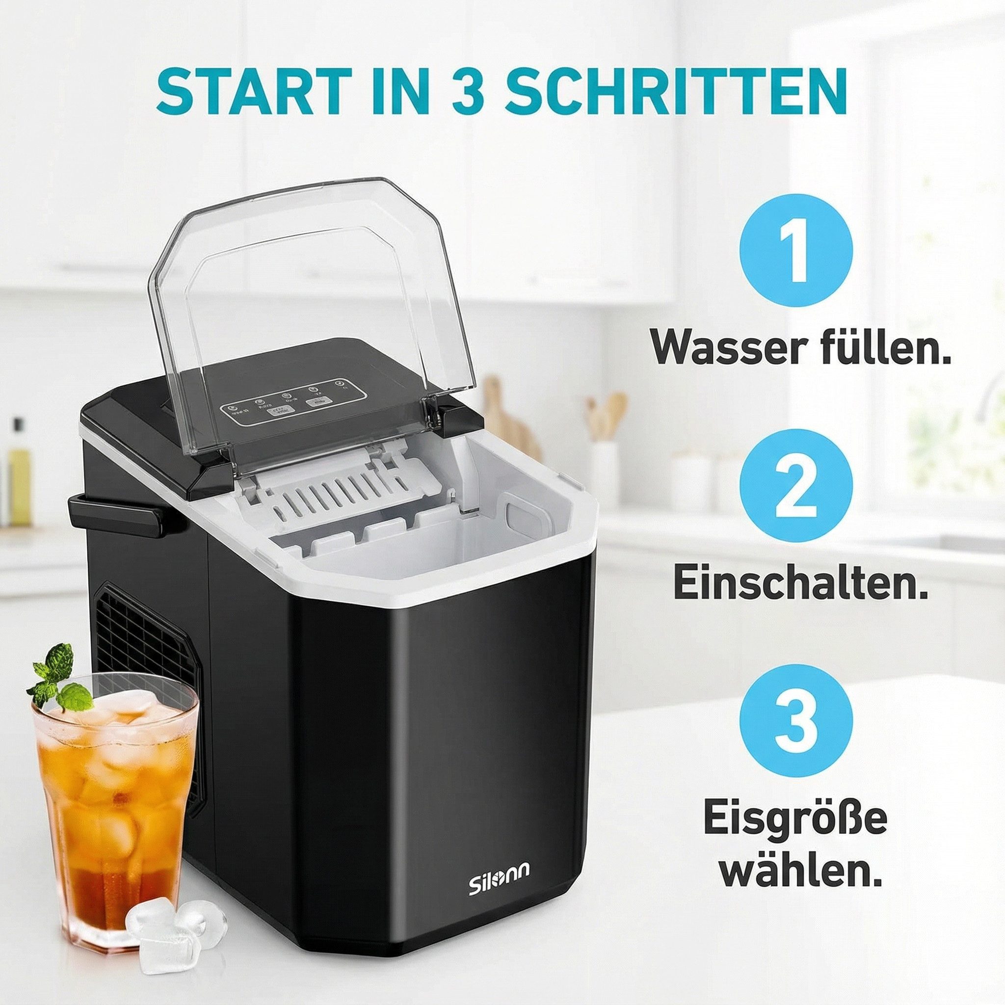 Silonn Eiswürfelmaschine Eiswürfelbereiter kompakt, 2 Eisgrößen, Selbstreinigung, tragbar, 12 kg/Tag, selbstreinigend, ≤ 35 dB