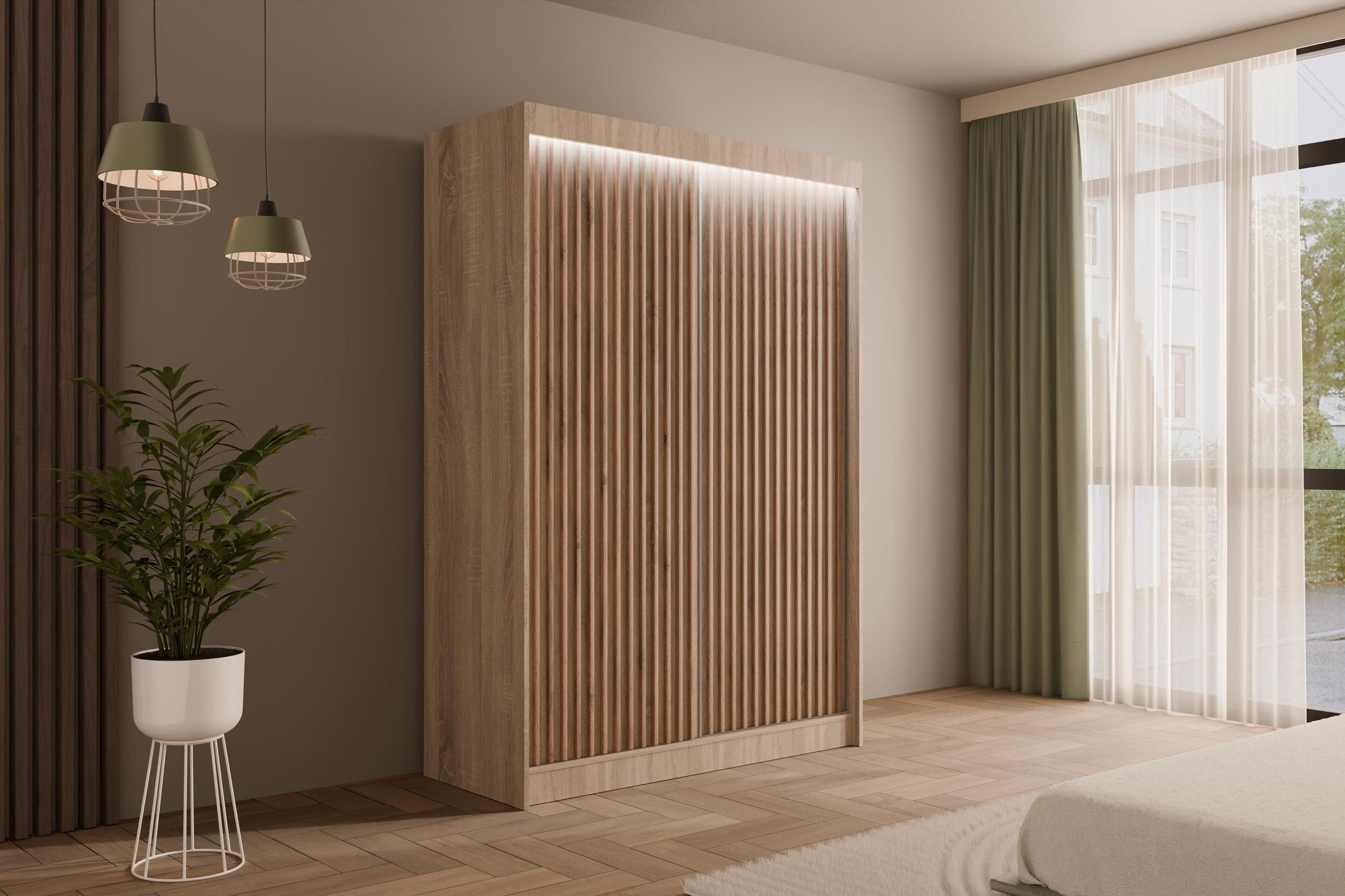 ALTDECOR Schiebetürenschrank VILANv2 (Kleiderschrank Garderobenschrank mit viel Stauraum Moderner Schrank) Vielseitiger Schwebetürenschrank Lamellen LED Beleuchtung