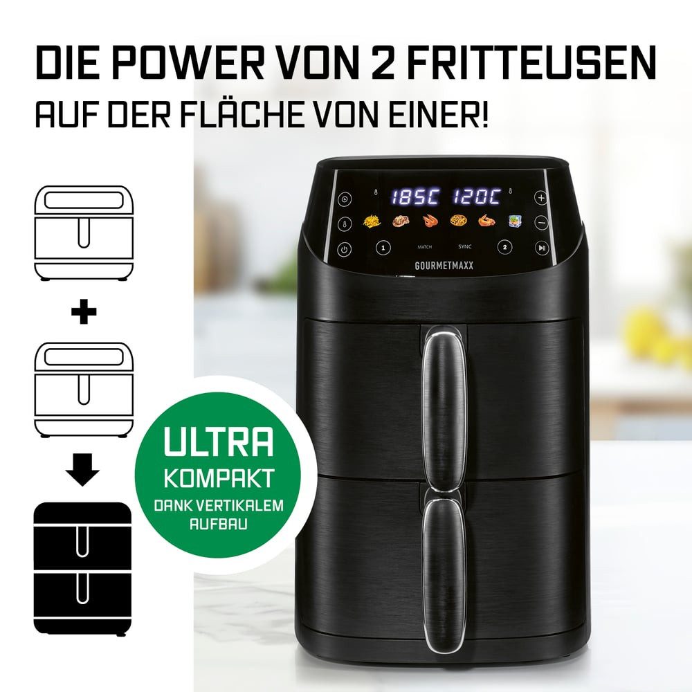 GOURMETmaxx Heißluftfritteuse GOURMETmaxx Heißluft-Fritteuse 2000W schwarz Doppelkorb vertikal 2x 2,5l, 2000 W, Heißluftfritteuse 2 Kammern - Touchdisplay - SYNC & MATCH - XS-Größe