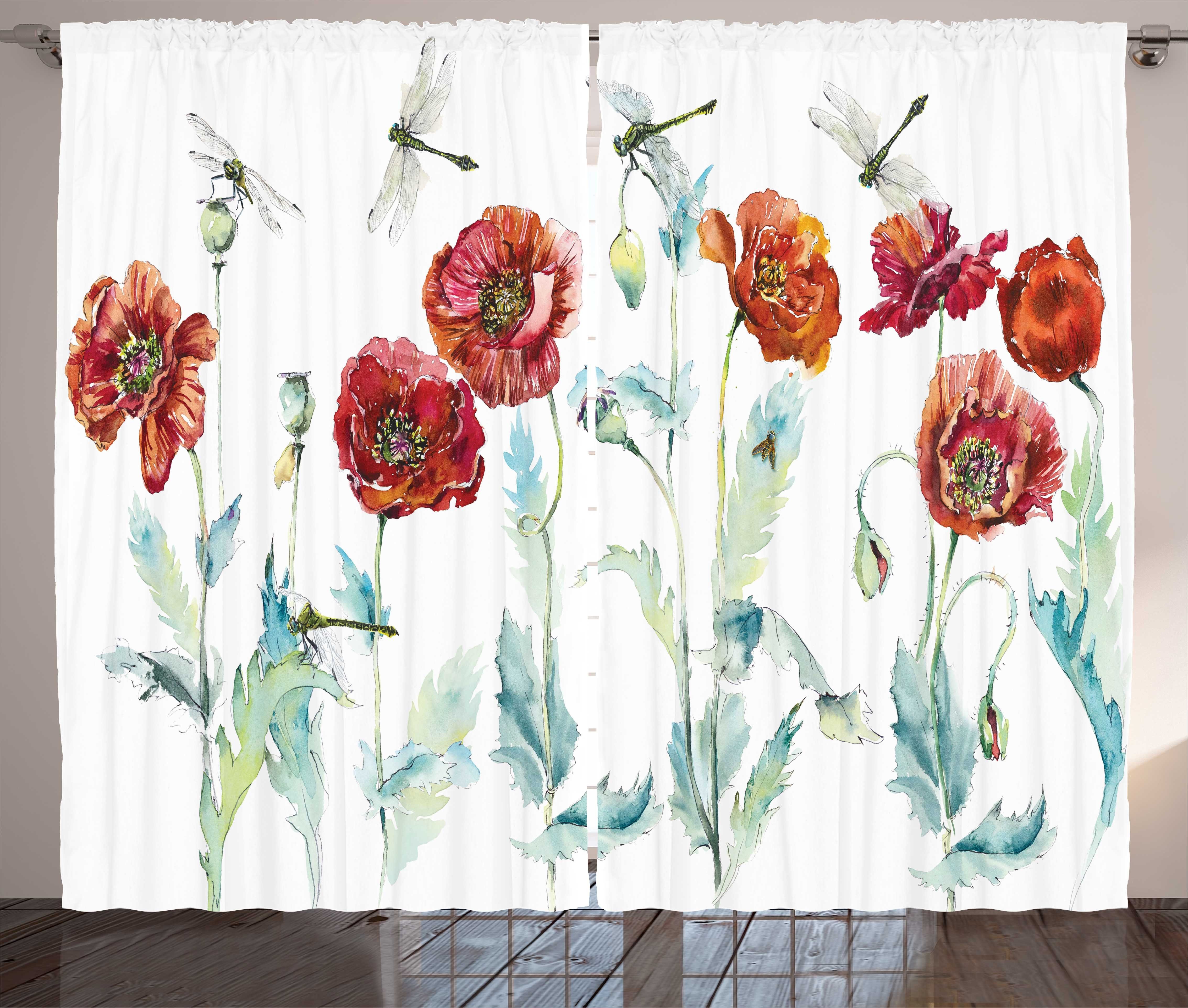 Gardine Schlafzimmer Kräuselband Vorhang mit Schlaufen Aquarell Mohnblumen Insekten und Abakuhaus, Haken, Blumen