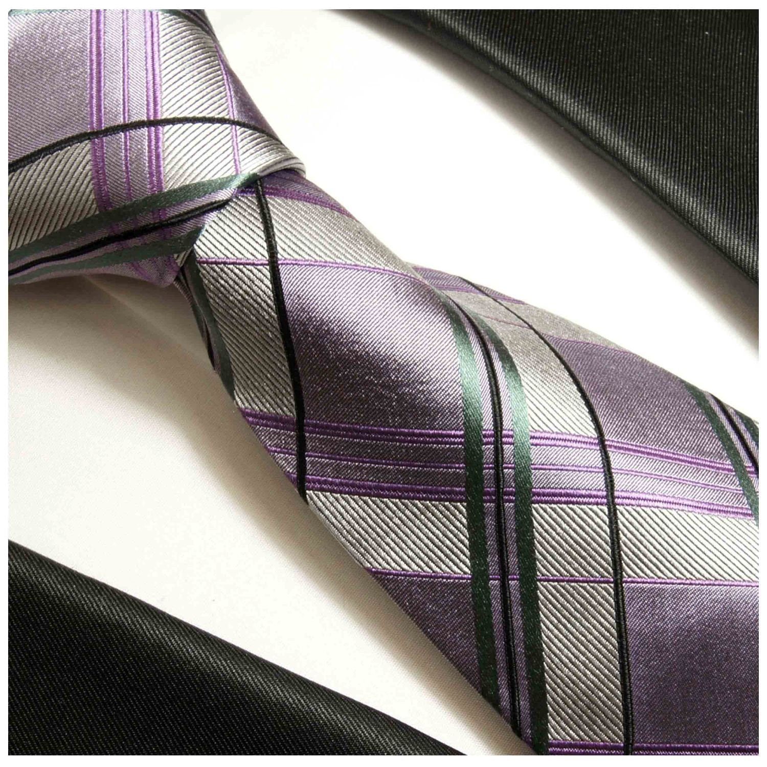 Paul Krawatte (6cm), Malone violett Einstecktuch) Seidenkrawatte modern Schottenmuster Schmal Krawatte und Herren lila grau (Set, 2-St., 507 mit Tuch silber Seide 100%