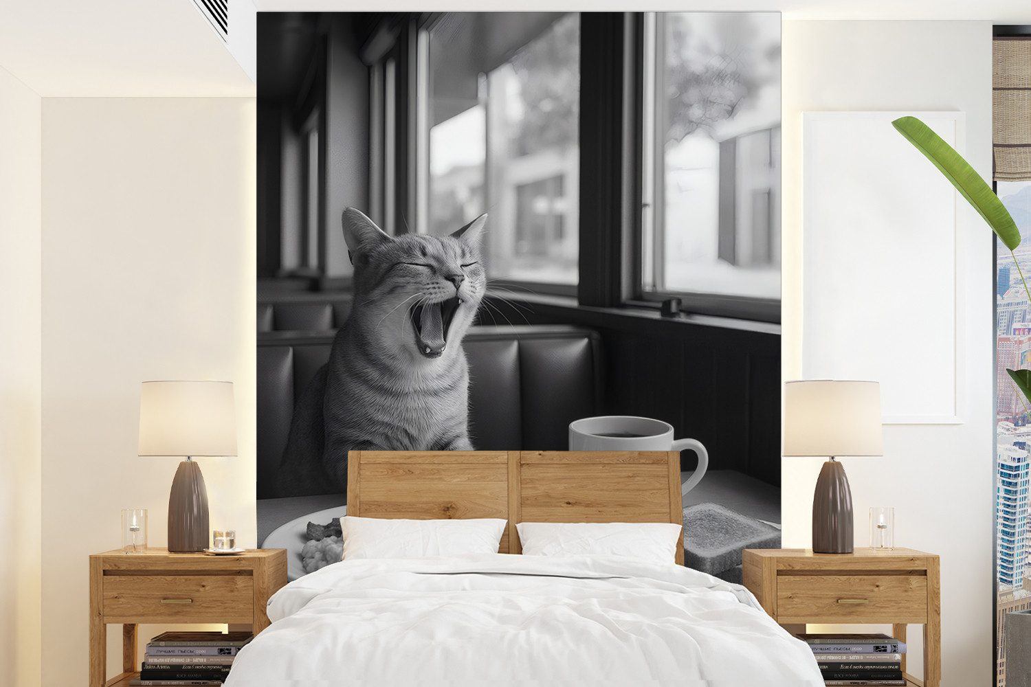 MuchoWow Fototapete Katze - Kaffee - Brot - Schwarz, Matt, bedruckt, Wallpaper für Wohnzimmer, Schlafzimmer, Vinyl Tapete, 165x220 cm