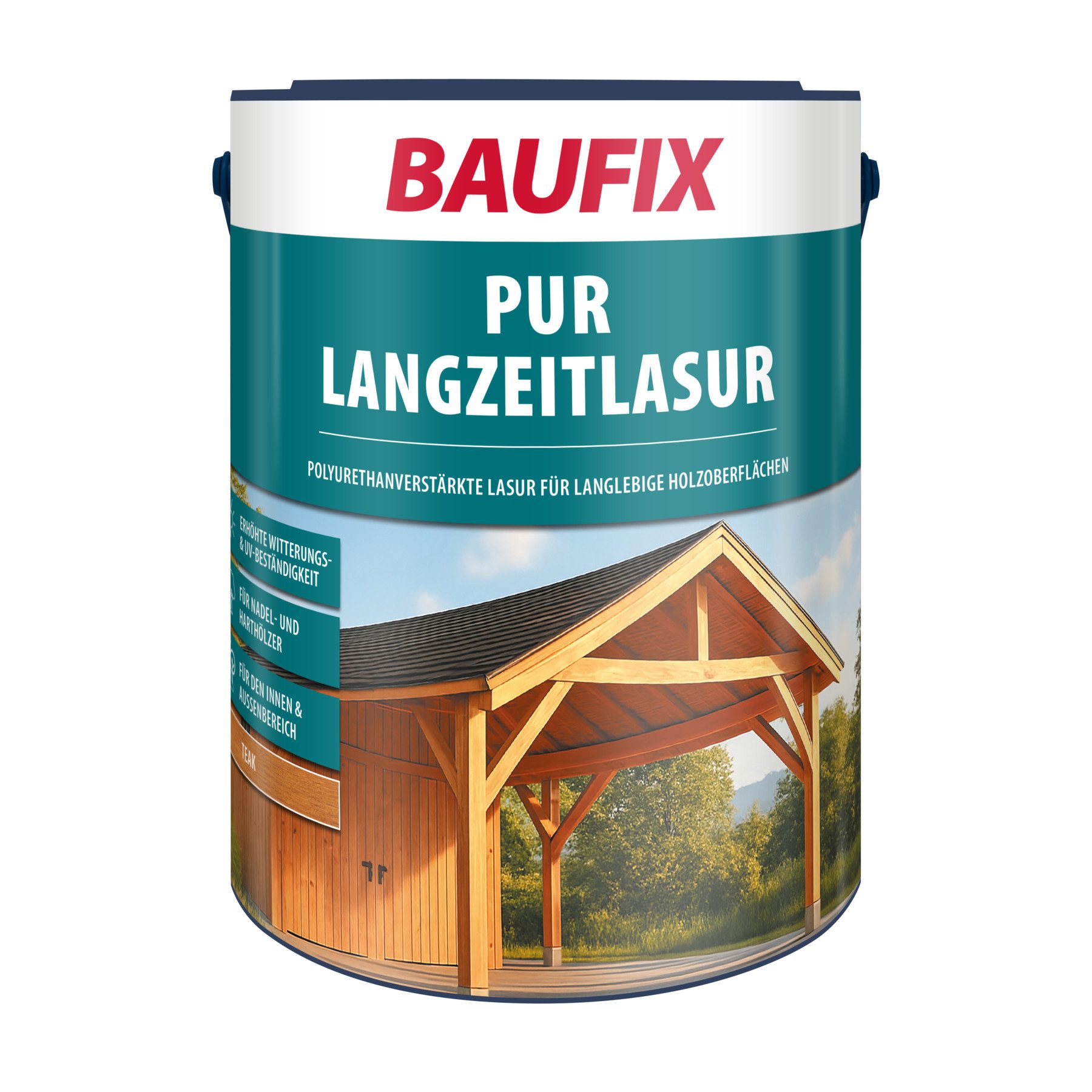 Baufix Holzschutzlasur PUR Langzeitlasur seidenmatt, 5 Liter für ca 50m², Holzlasur für innen & außen, Verkleidungen, Carports & Fachwerk