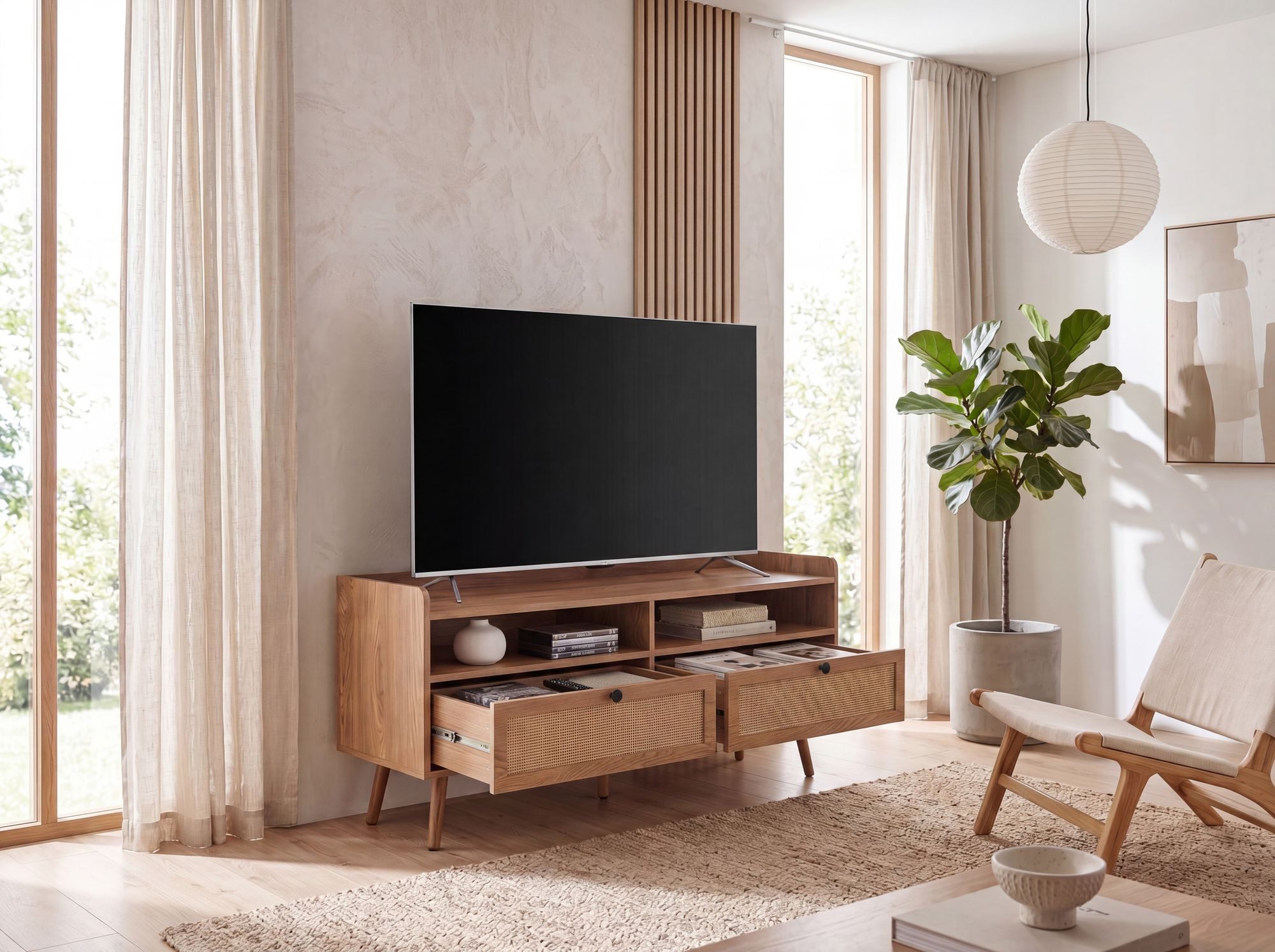 FINEBUY Lowboard FB106345 TV-Board 120cm Kommode Ablage & 2 Schubladen Wiener Geflecht (Eiche Dekor 120 cm, Schublade Stauraum Geflecht), TV-Kommode Hoch, TV-Schrank Modern Fernsehtisch