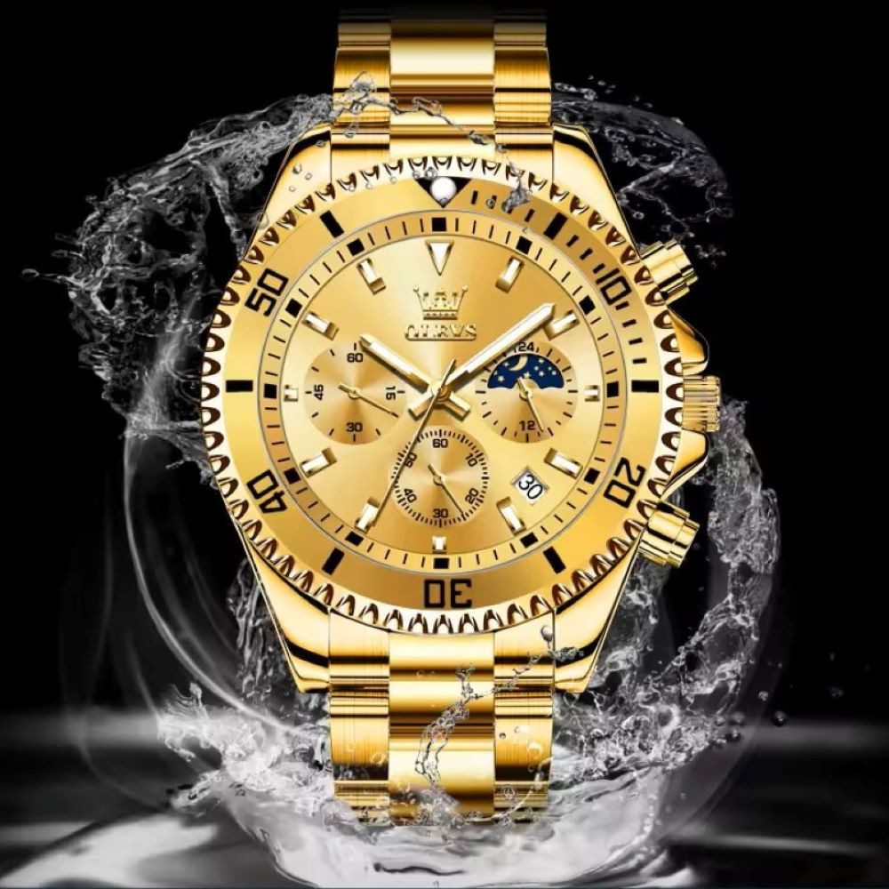 OLEVS Quarzuhr Herren Uhr Olevs Chronograph Quarz Goldfarben Geschenkbox Luxus