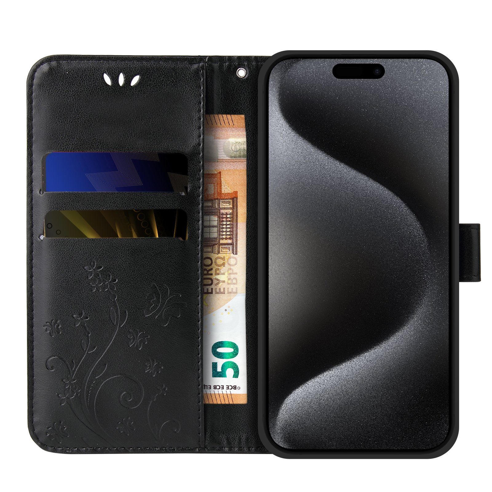 Tec-Expert Handyhülle Cover Tasche Hülle für Apple iPhone 15 Pro Max 6,7 Zoll, Klapphülle Case mit Kartenfach Fliphülle aufstellbar, Motiv Blumen