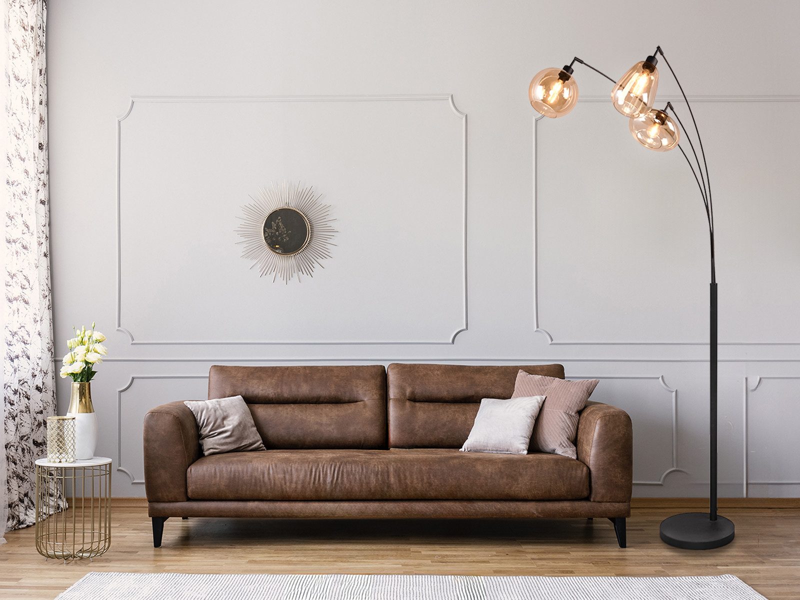 TRIO Leuchten LED Stehlampe, Dimmfunktion, LED wechselbar, warmweiß, ausgefallene moderne groß-e mit 3x Glas Lampenschirm für Ecke H: 200cm