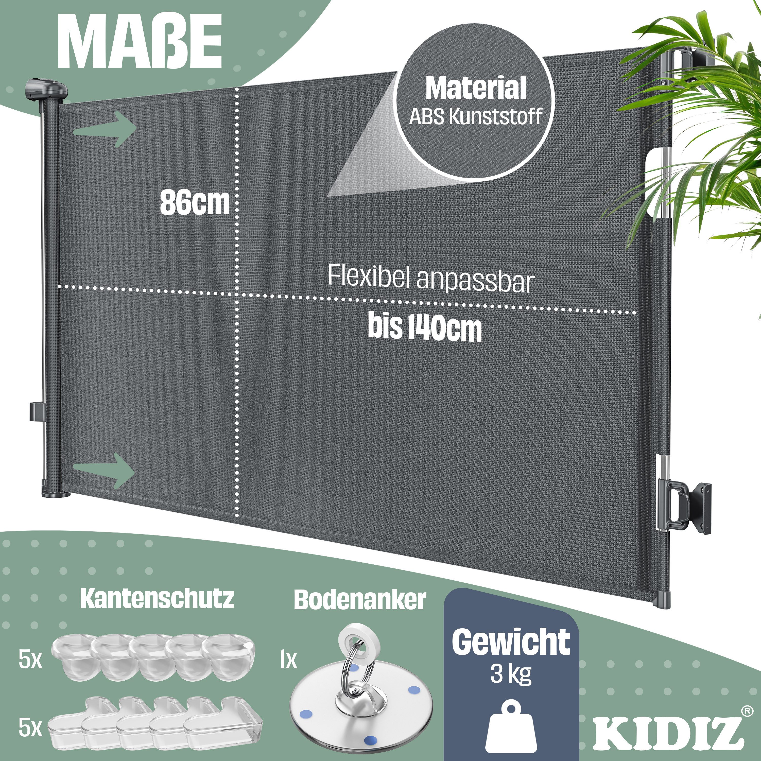 KIDIZ Türschutzgitter Treppenschutzgitter ausziehbar bis 140cm für Kinder, Babys & Haustiere (Schutzgitter für Treppen & Türen inkl. Bodenanker & Montagezubehör), Raumtrennung Absperrgitter kindersicheres Treppengitter