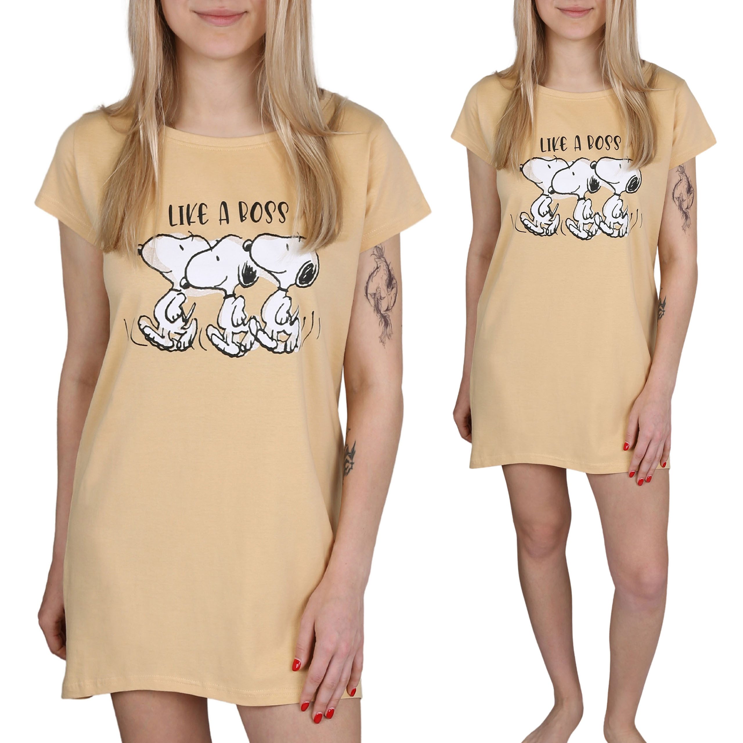 Sarcia.eu Snoopy Damen Nacht­hemd Beige, Kurzarm Schlafshirt 100% Baumwolle
