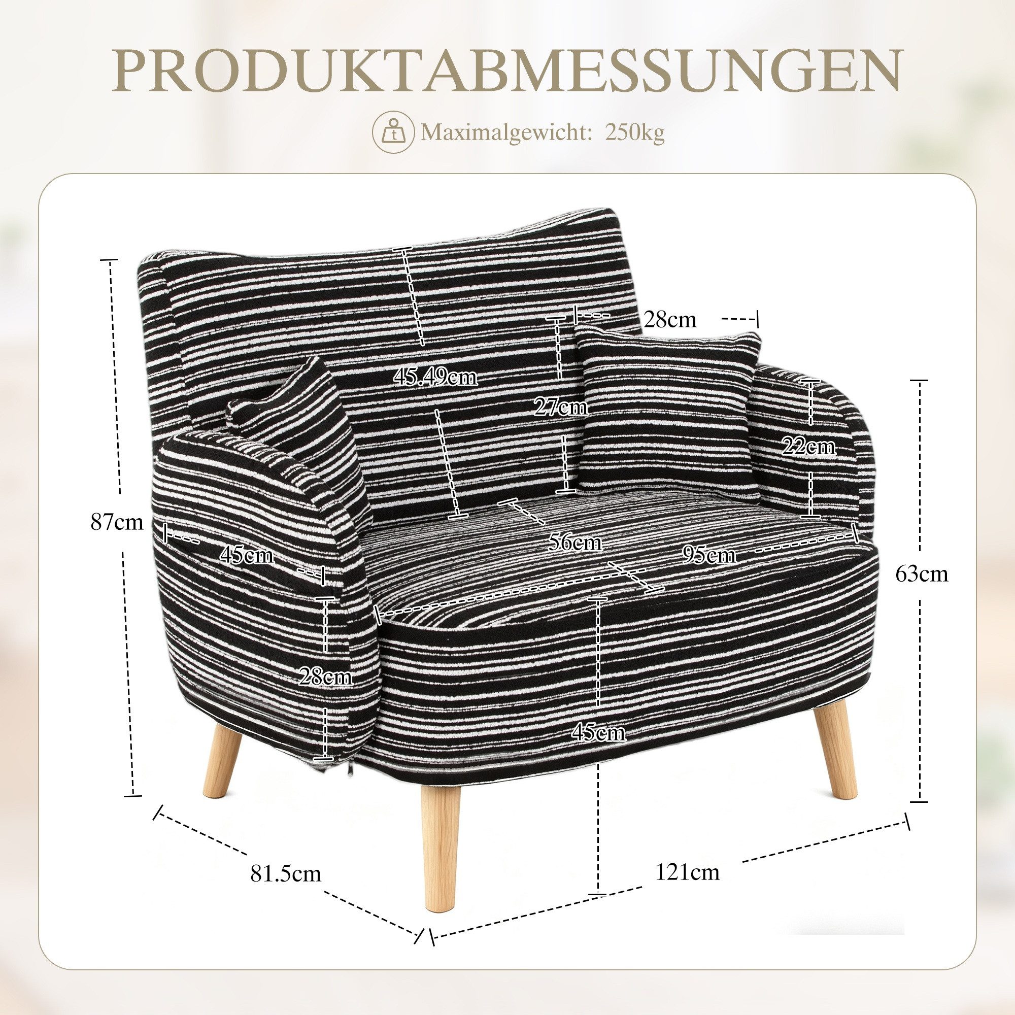 LVHOM XXL-Sessel Loungesofa, weich und bequem, Seitentaschen, Massivholzbeine (geschwungene Rückenlehne und Armlehnen, zwei kleine,bis zu 250kg, abnehmbare und waschbare Zierkissen, kombinierbar mit der gleichen Serie von Sessel), für Schlafzimmer/Wohnzimmer/Arbeitszimmer/Lesezimmer/Apartment