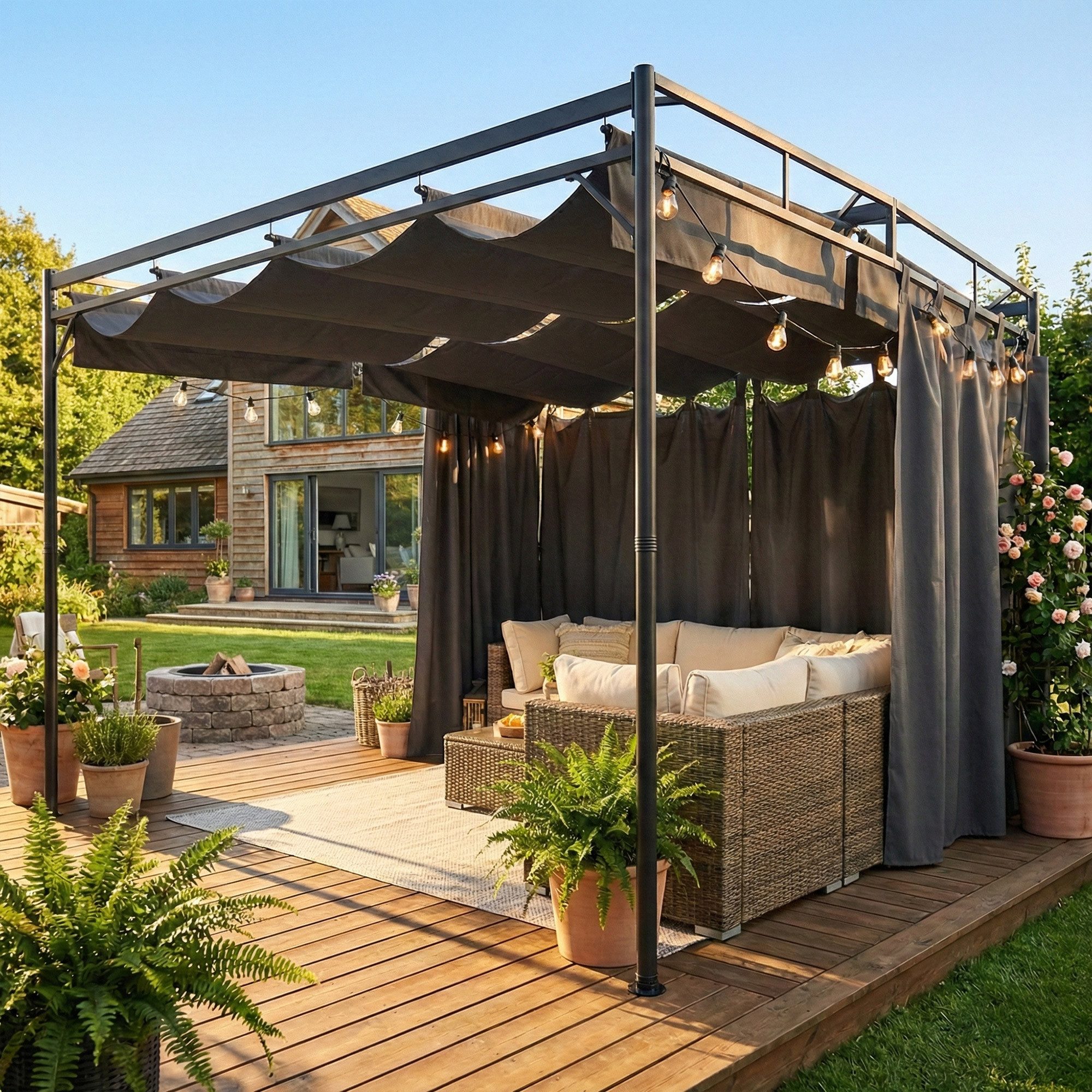 Outsunny Pavillon mit verstellbares Schiebedach, Vorhängen, mit 2 Seitenteilen, (Pergola, Gartenpavillon), für Garten Terrasse Dunkelgrau
